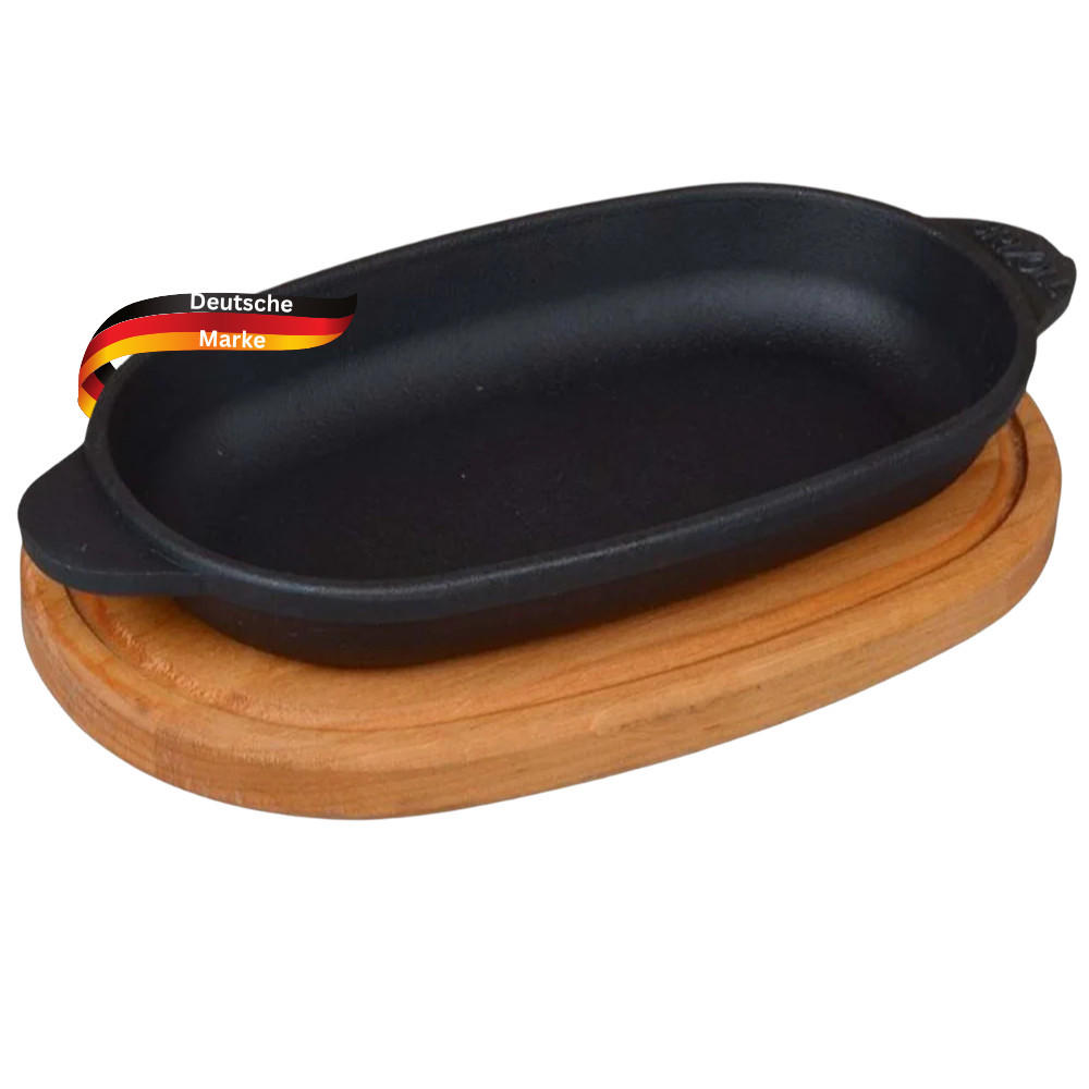 SERVIERPFANNE Gusseisen LUDI mit Holzuntersetzer 22x14 cm - Schwarz, Metall (14/22/2.5cm) - DELUKE