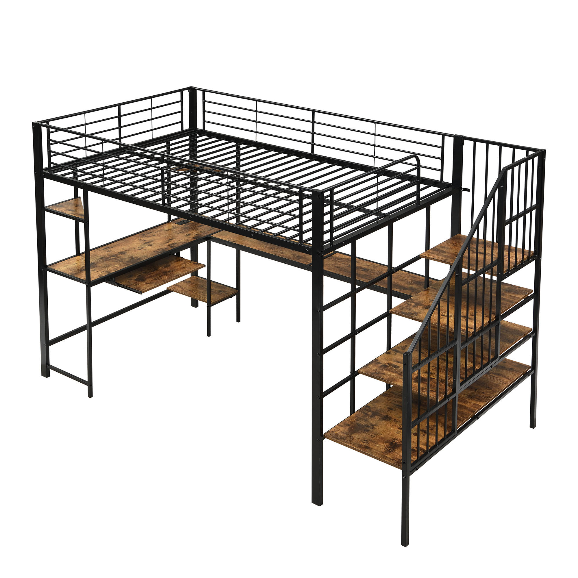 HOCHBETT 120/200 cm DE-02302, in Schwarz, mit Ladeanschluss, Ecktreppe und Schreibtisch - Schwarz, Metall (120/200cm) - ComfortXL