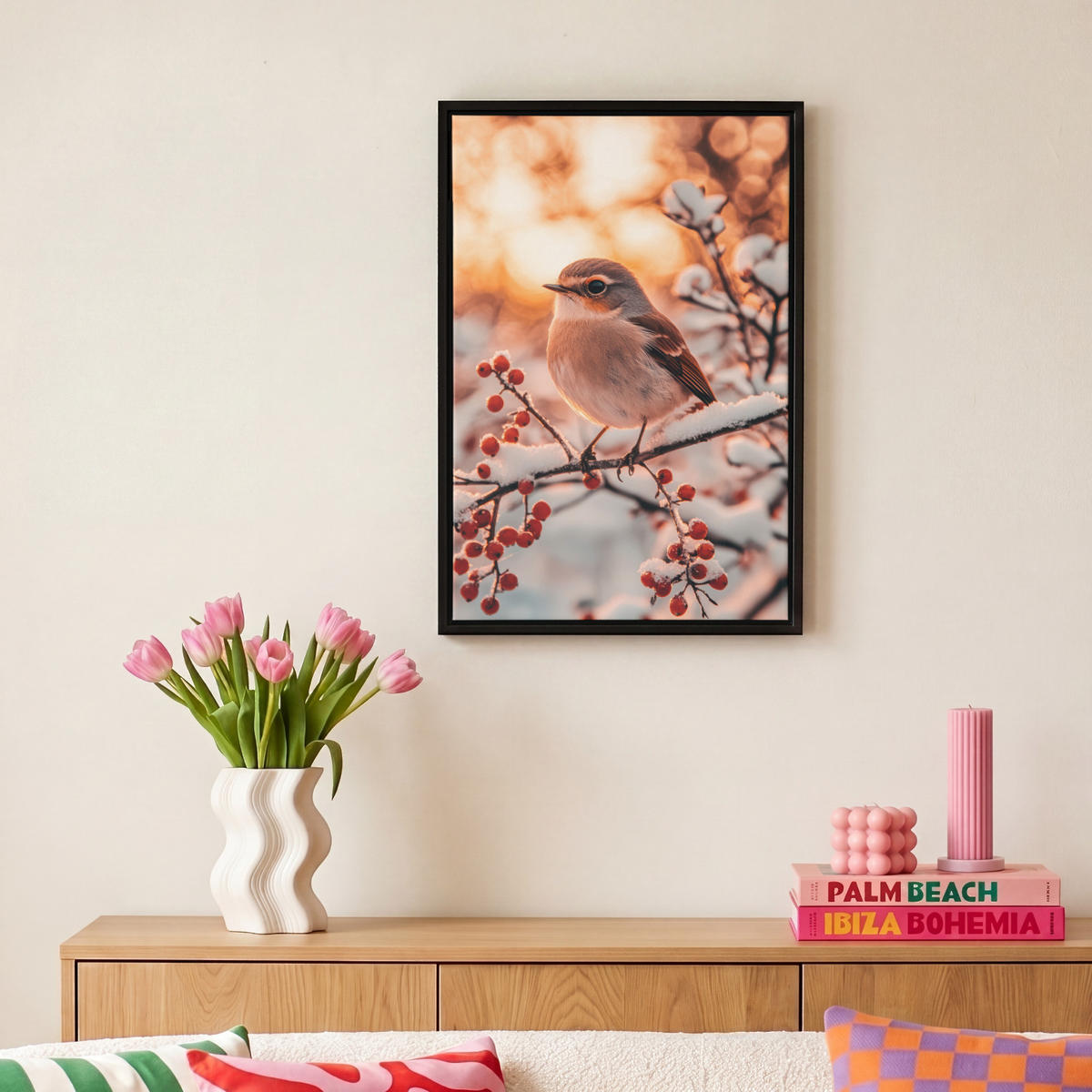 LEINWAND Bilder mit Rahmen - Vogel - Zweig - Winter - Tiere - Schnee - 20x30 - Bernsteinfarben, Textil (20/30cm) - MuchoWow