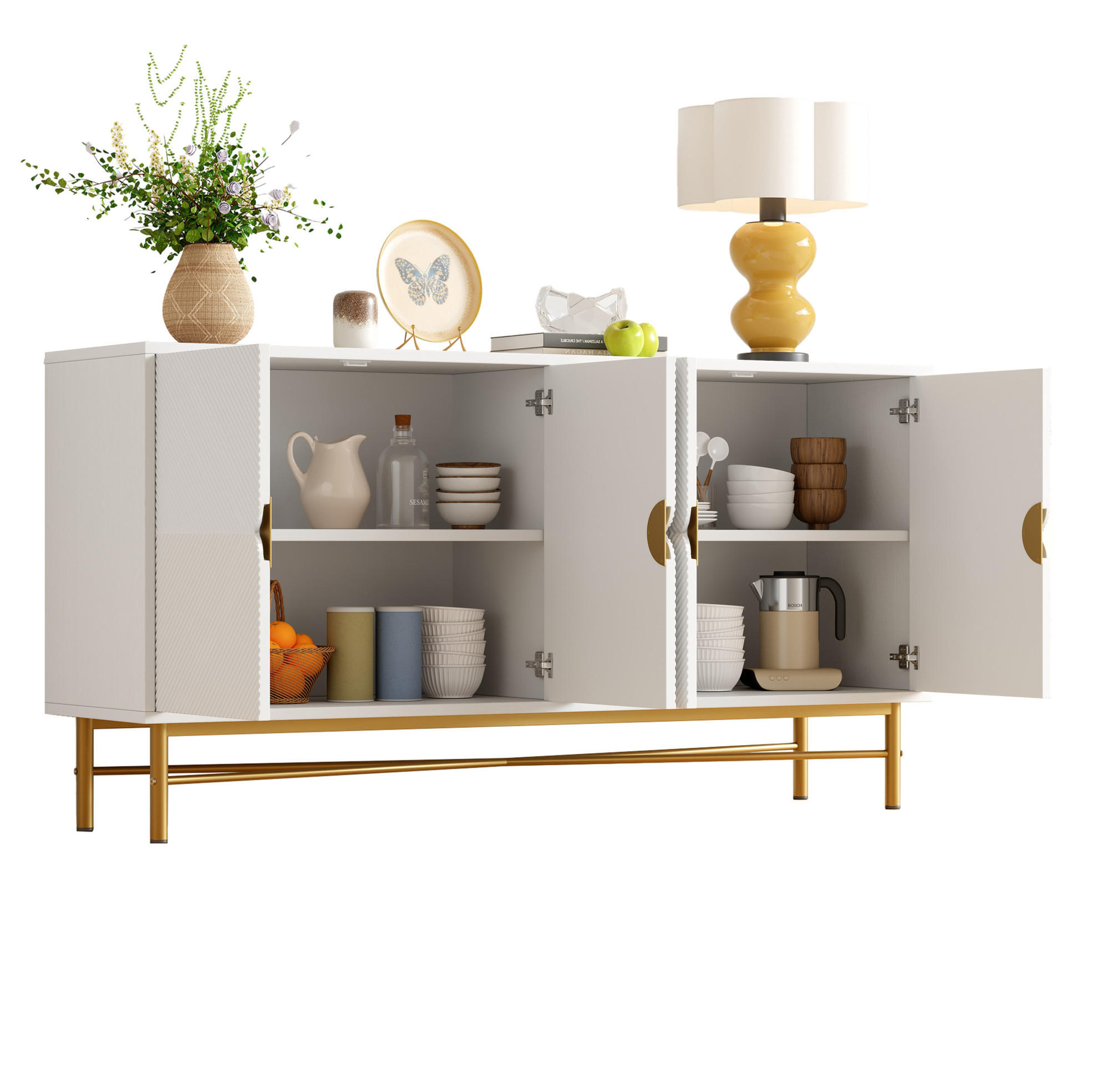 SIDEBOARD 160/40/82 cm aus MDF und Spanplatte mit 4 Türen, Soft-Close und goldfarbenen Details, Weiß - Weiß, Holzwerkstoff (160/82/40cm) - Redom