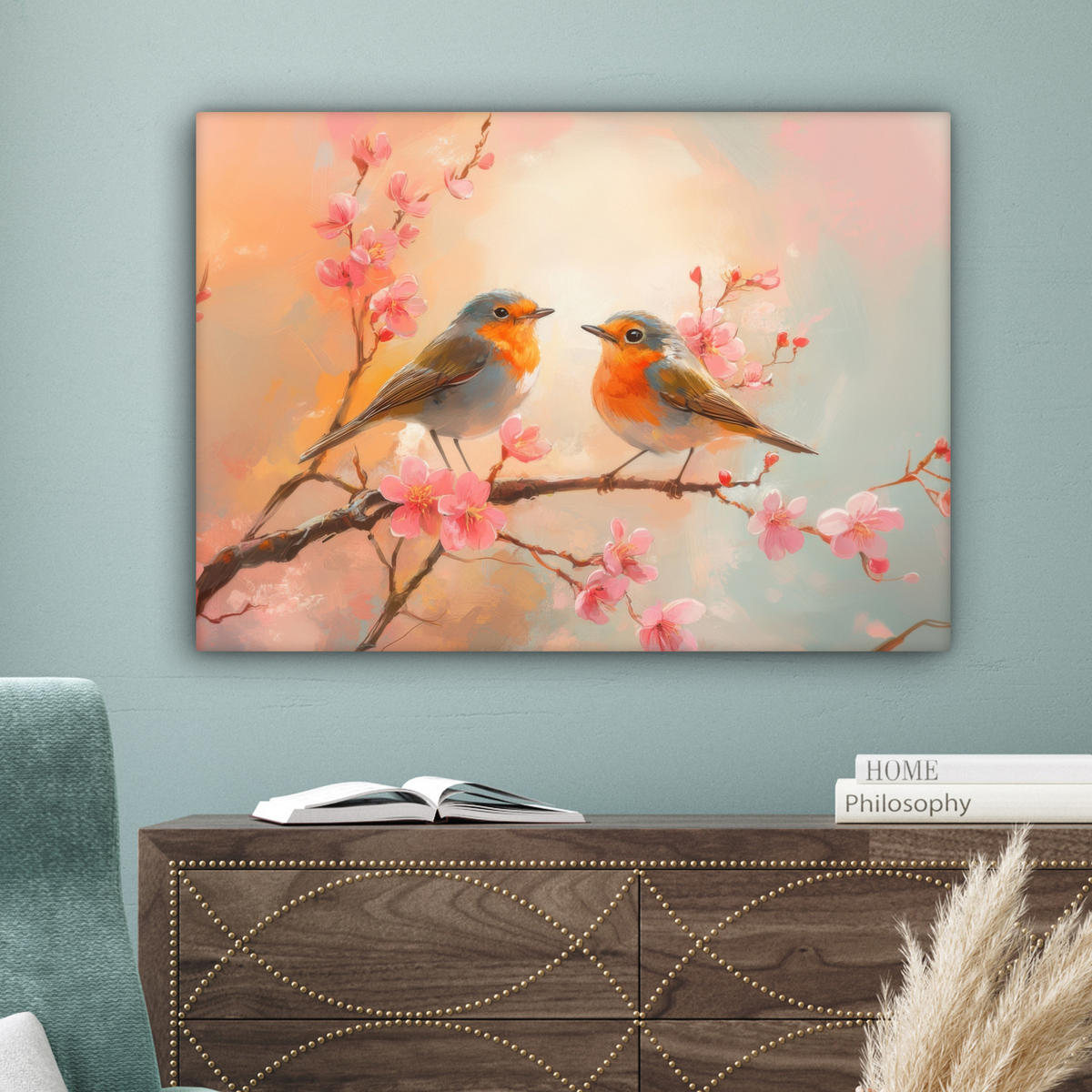 LEINWANDBILD Rotkehlchen - Zierpflanze - Blütenzweig Wandbilder 80x60 cm - Hellrosa, Textil (80/60cm) - MuchoWow