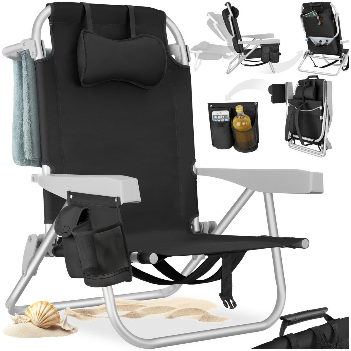 STRANDSTUHL Coral, rückseitige Kühltasche und Aufbewahrungstasche, schwarz - Schwarz, Kunststoff (63/78/101cm) - tectake