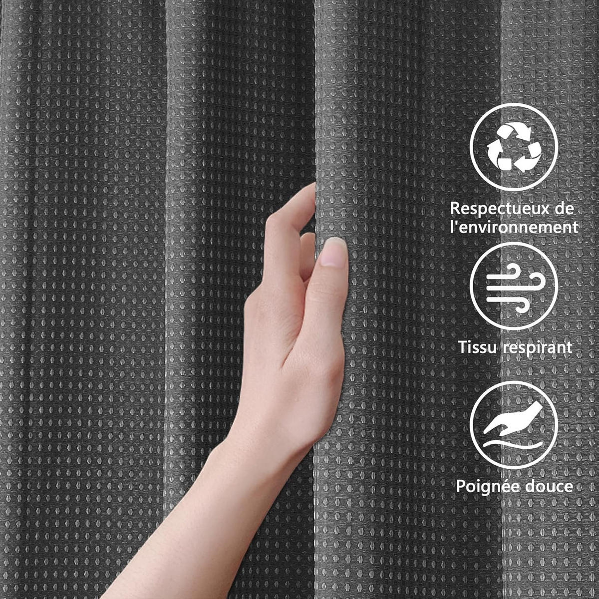 DUSCHVORHANG Grau Waffelstruktur Polyester maschinenwaschbar wasserdicht mit Haken - Grau, Textil (151/182cm) - MCBOSON