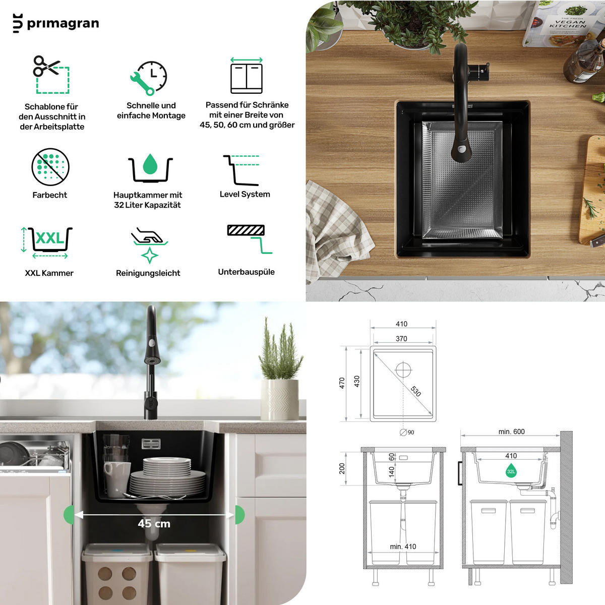 UNTERBAUSPÜLE GRANIT Praga, 2-er set Weiß 41/47 cm 1 Becken + Ablauf-Set + Aufrollbare Abtropffläche ab 45er Unterschrank - Chromfarben/Weiß, Kunststoff (41/20/47cm) - Primagran
