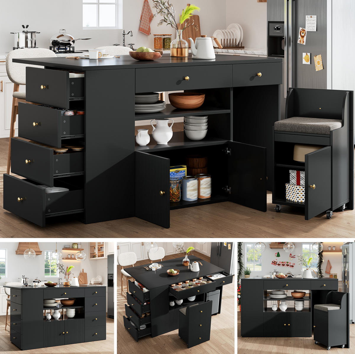 KÜCHENINSEL 140/89/40(70) cm Schwarz aus MDF und Metall mit Hocker - Schwarz, Holzwerkstoff (40/89/140cm) - OKMYHOME