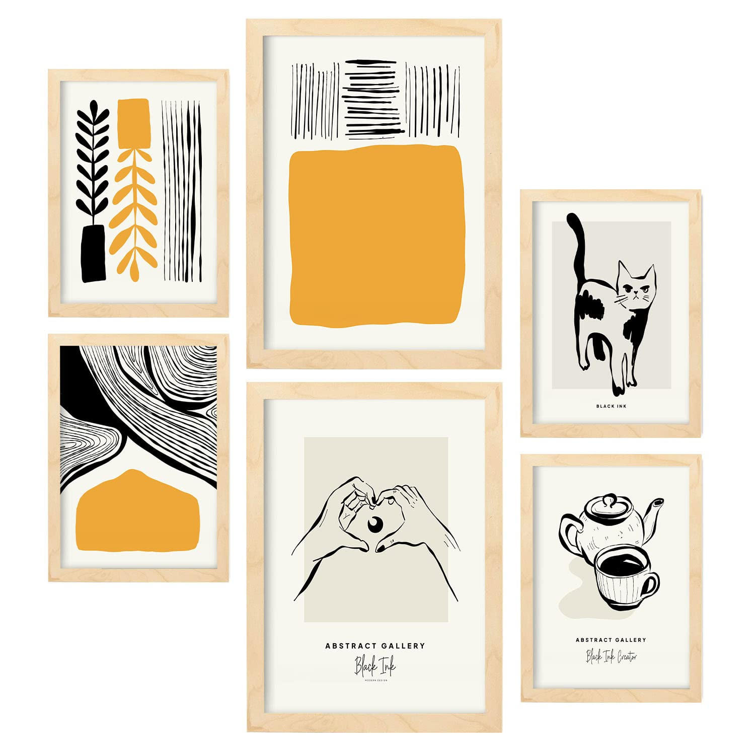 POSTER Set Mit 6 In Schwarzer Tinte Heim Künstlerische Und Abstrakte Drucke Für Innenarchitektur A3 & A4 Rahmen Aus Hellem Holz - Beige, Papier (29/3cm) - Nacnic