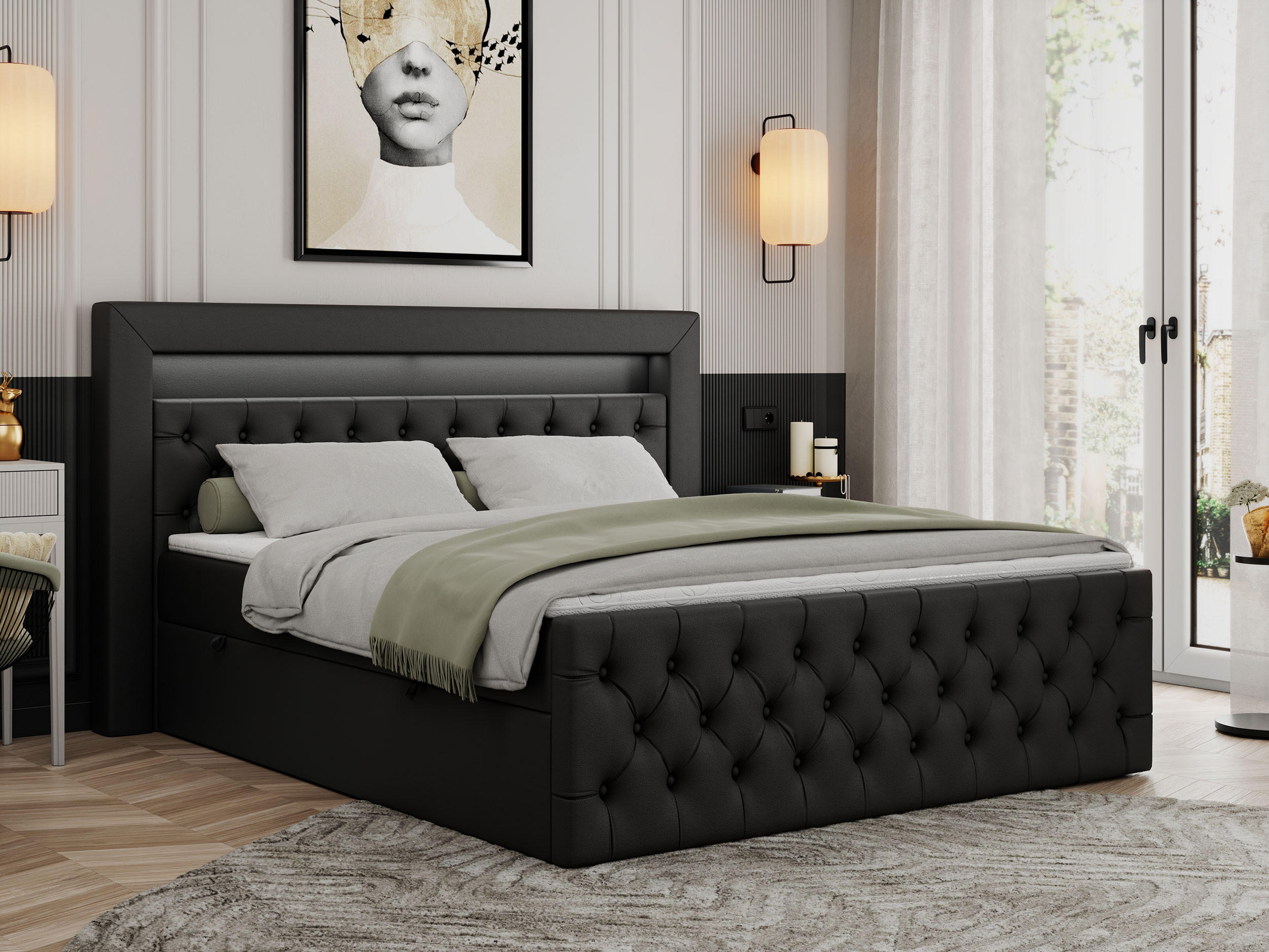 BOXBETT GOLD-9 LED 160/200 Schwarz Kunstleder - H3 - Schwarz, Holz/Textil (160/200cm) - MKS
