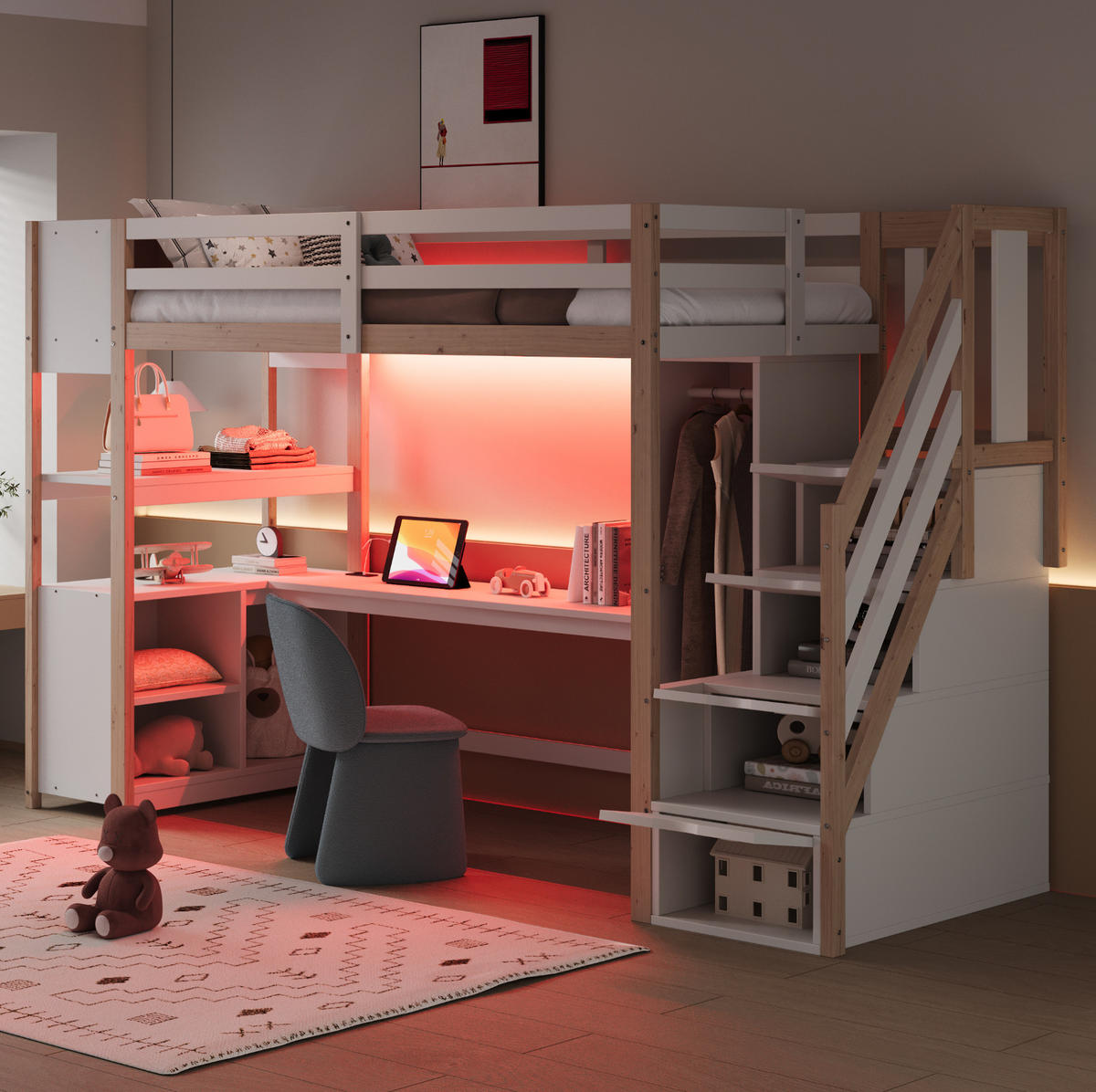 HOCHBETT 90/200 cm mit Schreibtisch, Kleiderschrank, Stauraumtreppe und LED-Beleuchtung, Weiß/Natur - Weiß, Holzwerkstoff (90/200cm) - Redom