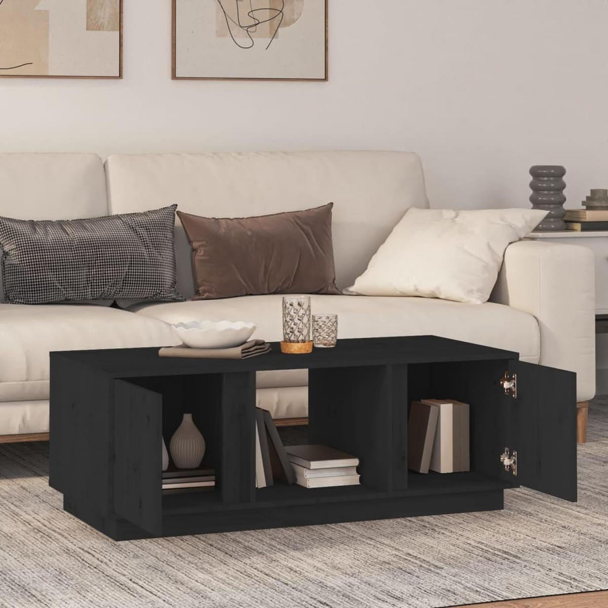 COUCHTISCH Schwarz 110x50x40 cm Massivholz Kiefer - Schwarz, Holz (50/110/40cm) - furnicato
