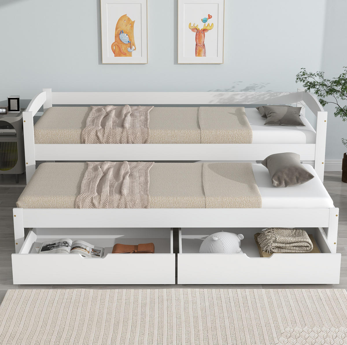 TAGESBETT 90/200 cm mit Ausziehbett und 2 Schubladen in Weiß - Weiß, Holzwerkstoff (90/200cm) - BEAOK