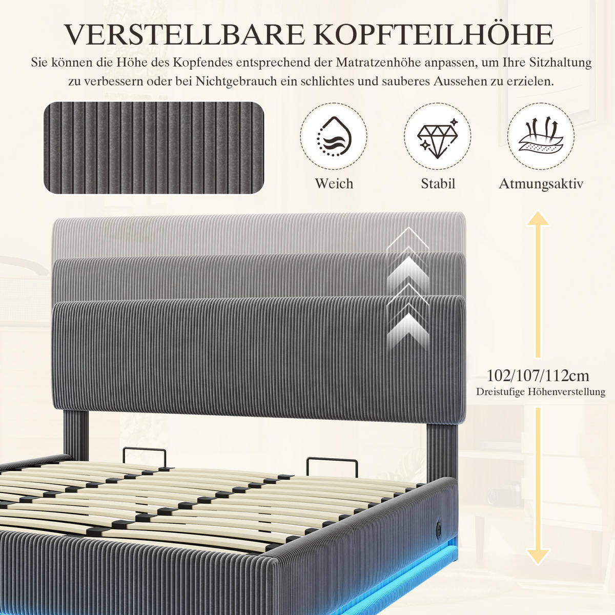 POLSTERBETT 180/200 cm mit LED-Beleuchtung, USB-C-Anschluss, verstellbarem Kopfteil und Bettkasten, Dunkelgrau - Dunkelgrau, Textil (180/200cm) - Redom