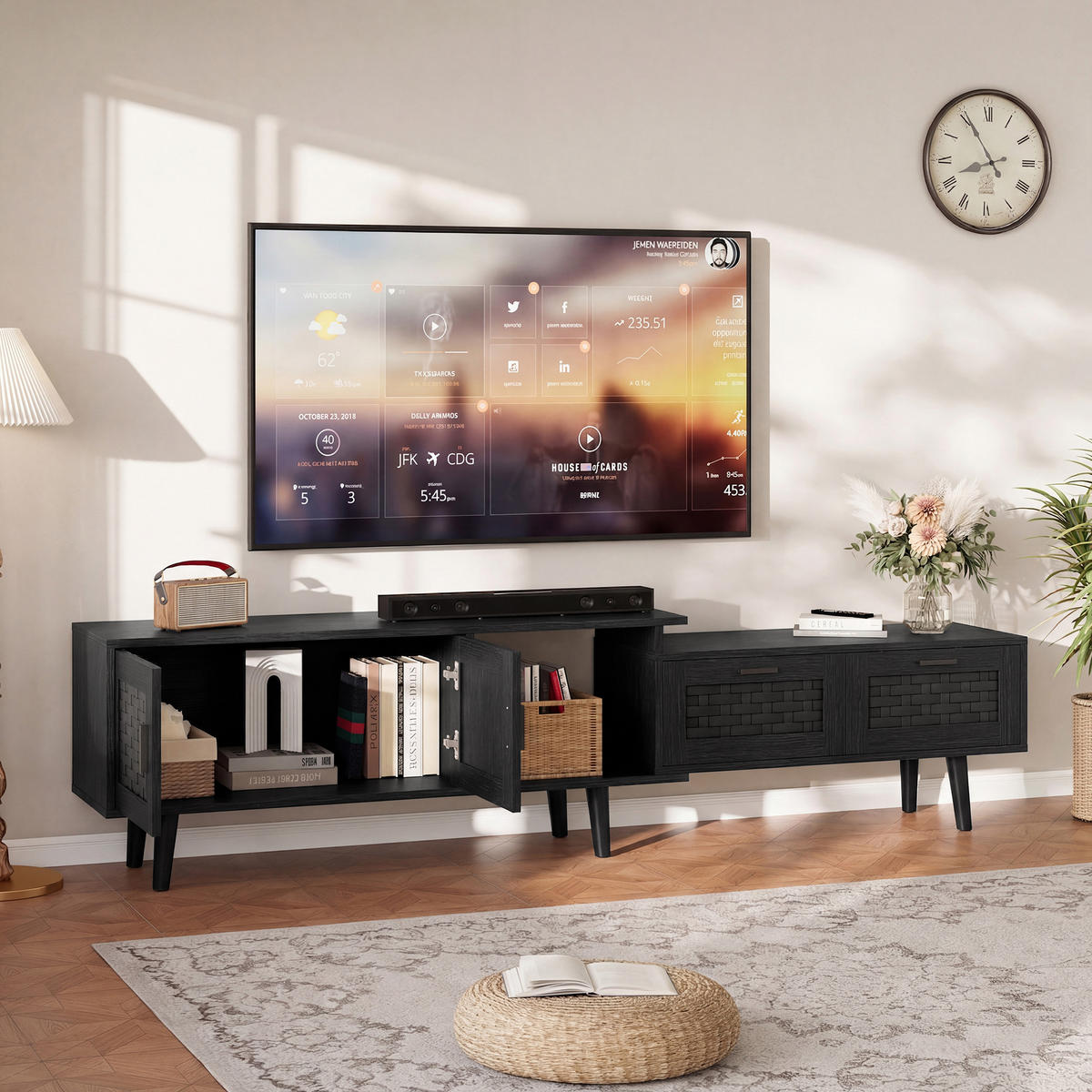 TV LOWBOARD ausziehbar 146–180 cm 2 Türen 2 Schubladen schwarz - Schwarz, Holz (180/44/29.8cm) - LEBENLANG