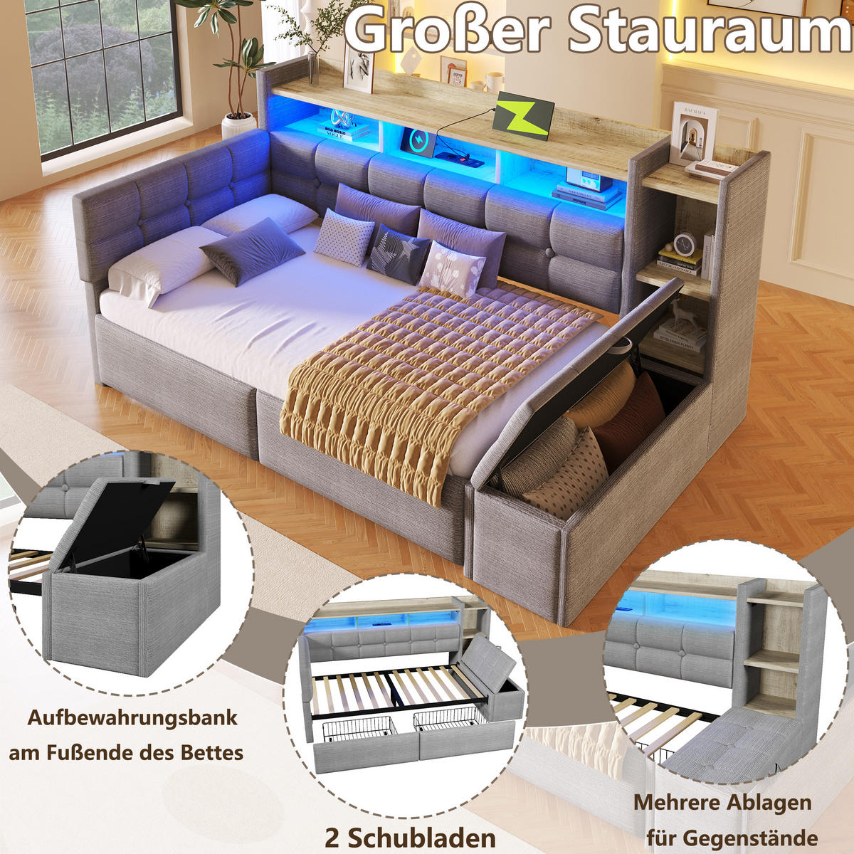 TAGEBETT 90x190cm Grau Samt 2 Schubladen USB LED-Licht - Grau, Holz (90/190cm) - FLIEKS