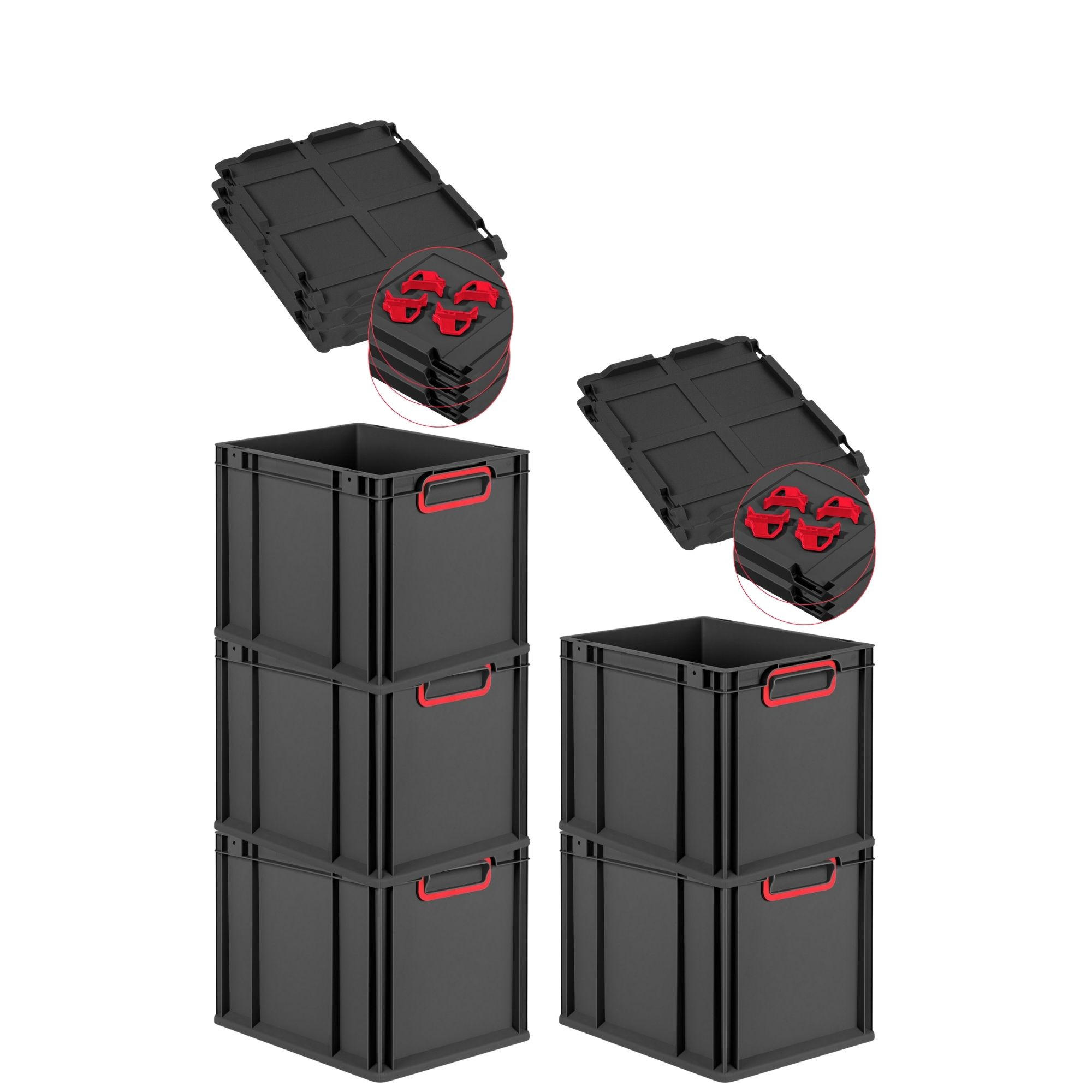 EUROBOX 5x NextGen Color mit Auflagedeckel 32x30x40 cm 30 Liter Schwarz Griffe rot zu - Rot/Schwarz, Kunststoff (30/32/40cm) - PROREGAL