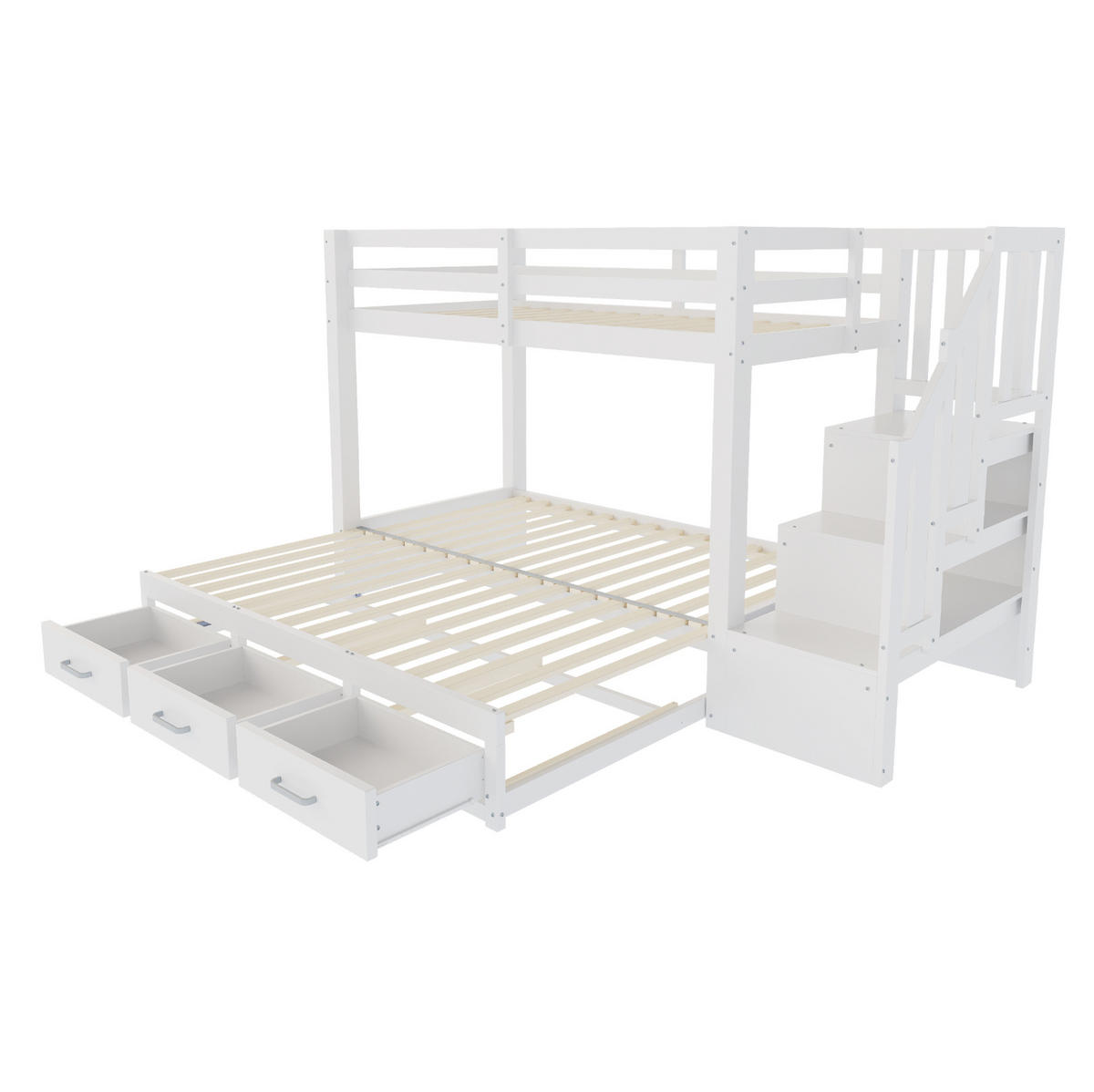 PATROVÁ postel 90/200 cm bílá z borovice a MDF s výsuvným lůžkem a úložnými schody - bílá, kompozitní dřevo (90/200cm) - OKWISH