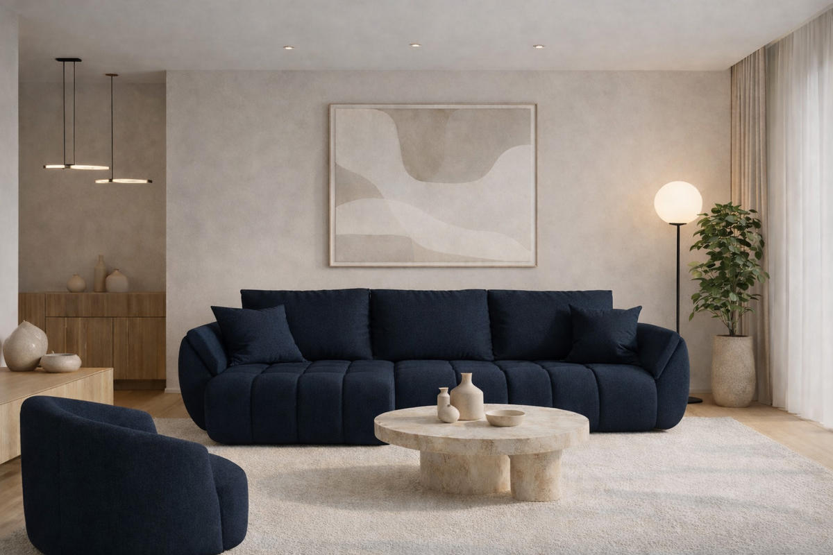 ECKSOFA TOKYO PREMIUM mit Schlaffunktion, Stoff WIND, Dunkelblau, Links - Dunkelblau, Holz (280/190cm) - Kaiser Möbel