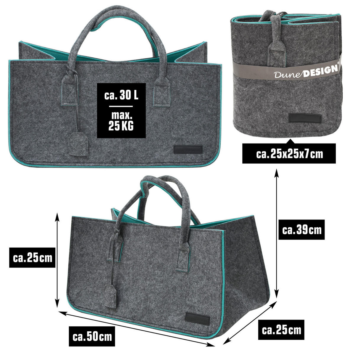 FILZTASCHE, 50x25x25 cm, Grau/türkis - Grau, Kunststoff (50/25/25cm) - Dunedesign