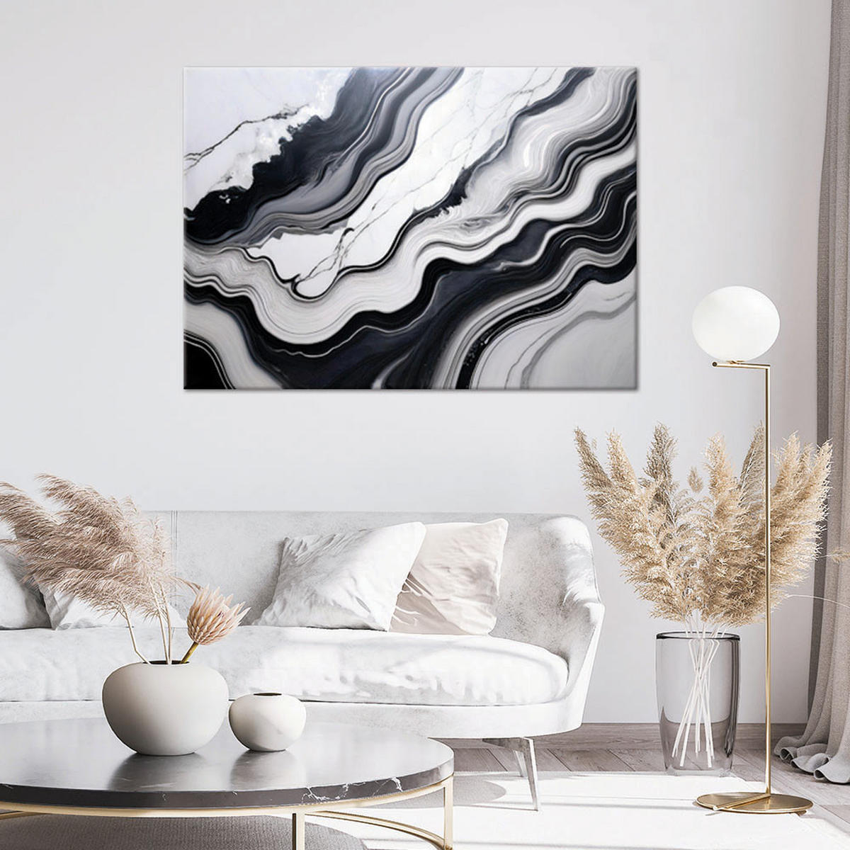 LEINWANDBILD Abstraktion aus schwarzem und weißem Marmor 60x40cm - Schwarz, Textil (60/40cm) - Feeby