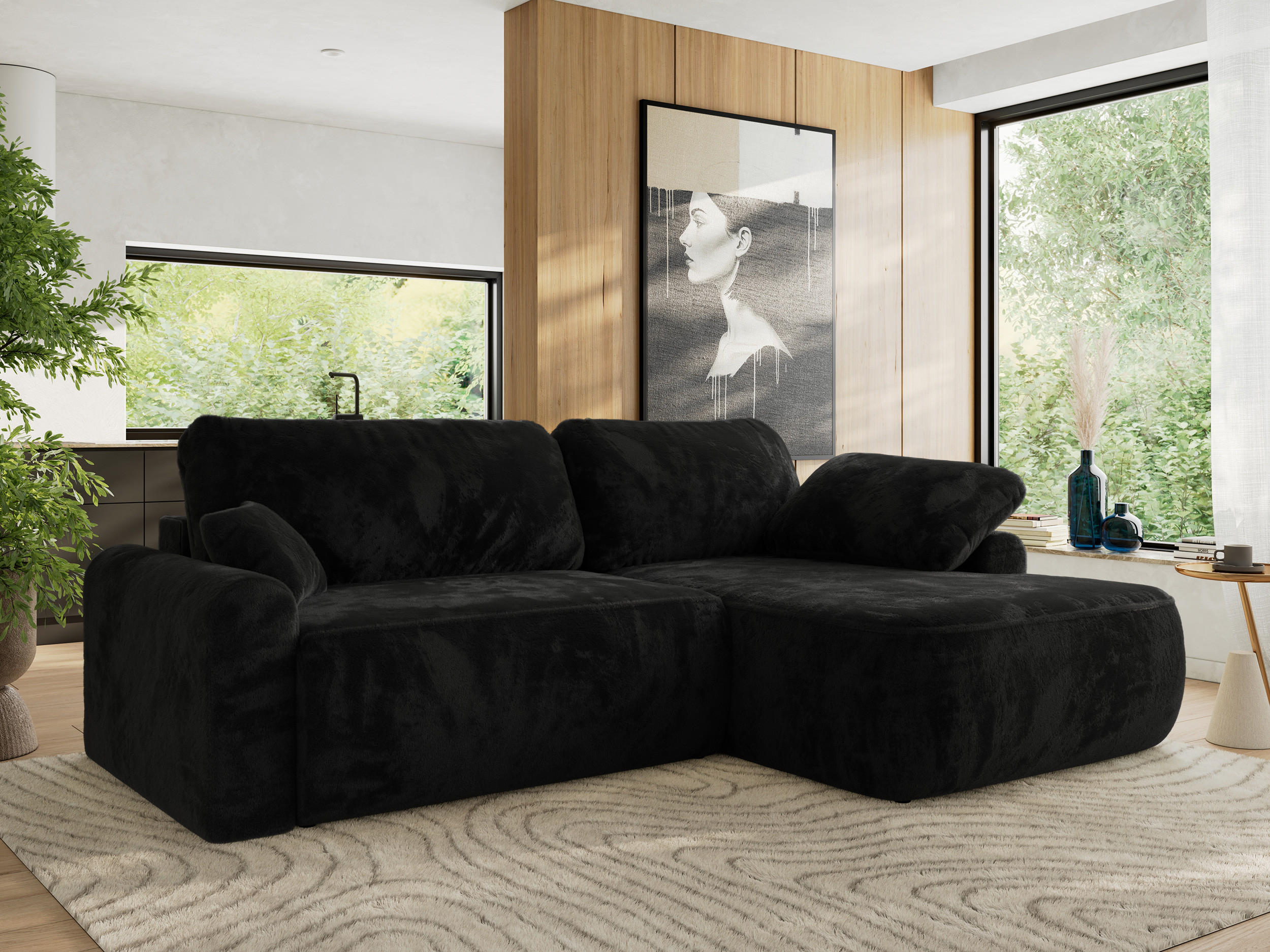 ECKSCHLAFSOFA CUBO L Schwarz Plüsch - rechts - Schwarz, Kunststoff/Textil (187/273cm) - MKS