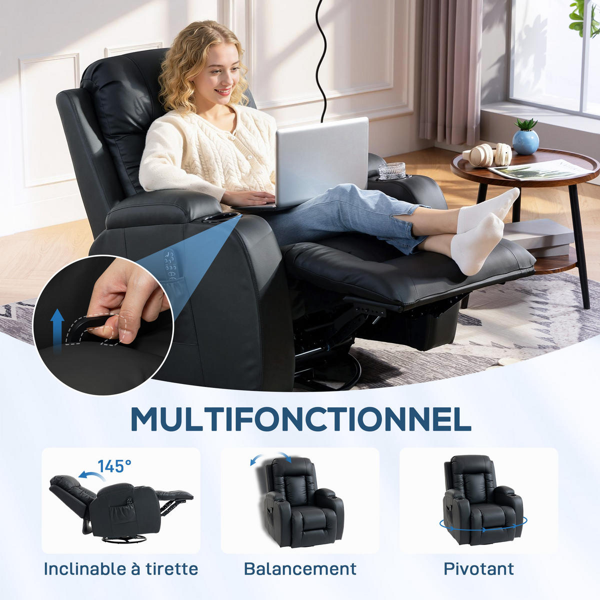 MASSAGESESSEL DE-15449 8 Massagepunkte mit Heizung und 360° Drehung Schwarz - Schwarz, Leder (82/103/99cm) - ComfortXL