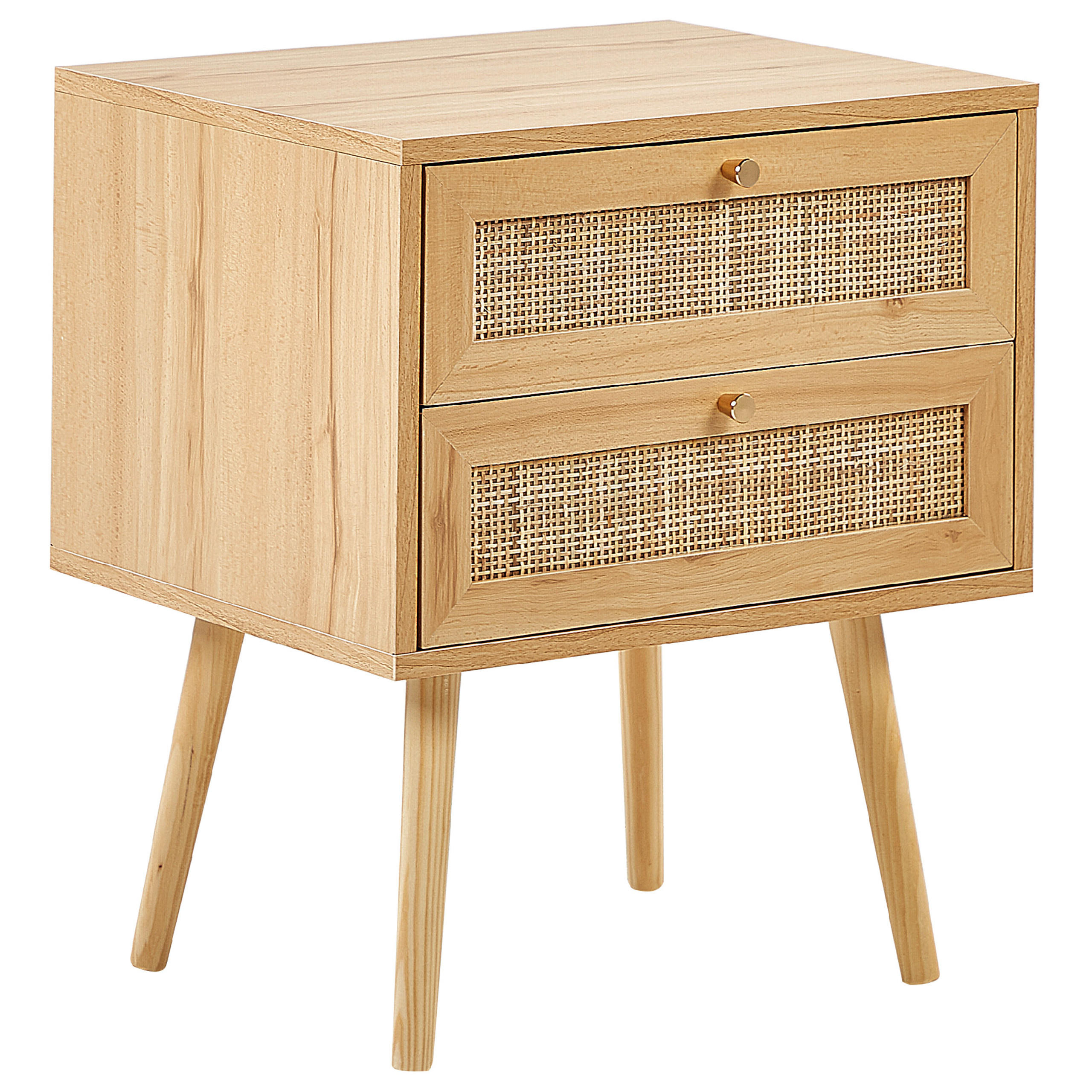 NACHTTISCH Rattan hellbraun 2 Schubladen Perote - Hellbraun/Goldfarben, Naturmaterialen (57/57/48cm) - Beliani