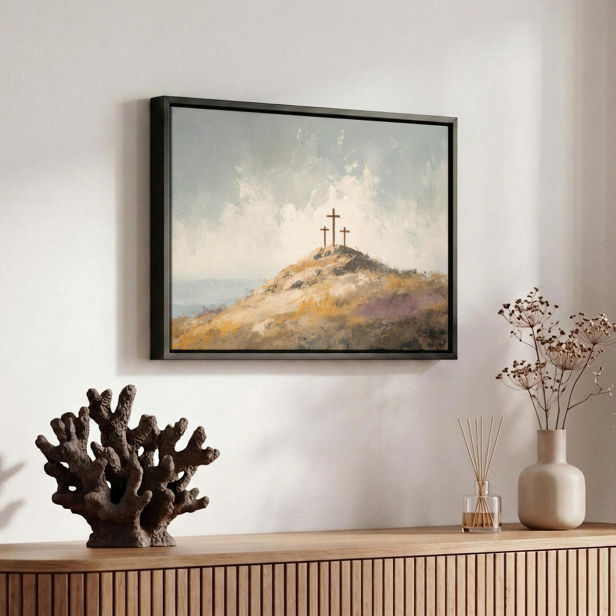 LEINWAND Bilder mit Rahmen - Hügel - Abstrakt - Christentum - Kreuz - 30x20 - Hellgrau, Textil (30/20cm) - MuchoWow