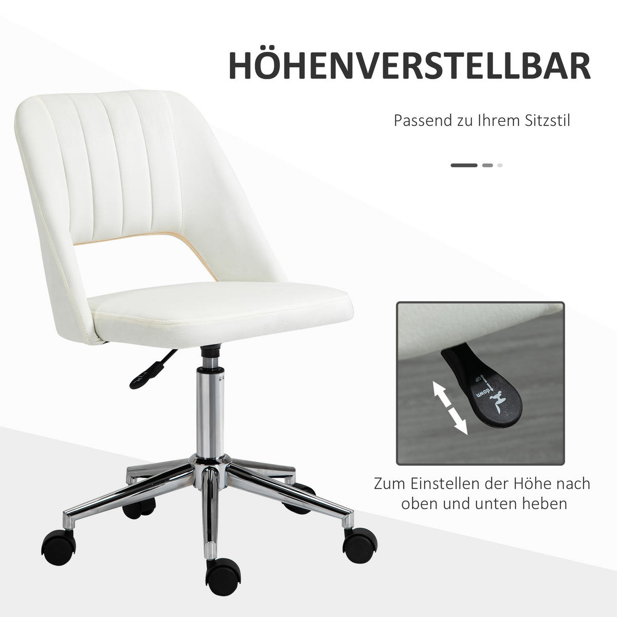 HÖHENVERSTELLBARER Schreibtischstuhl mit Rollen, 360° drehbar, Jakobsmuschel-Form, Schaumstoff, 49 x 60 x 79-91 cm, Cremeweiß - Creme, Textil (60/91/49cm)