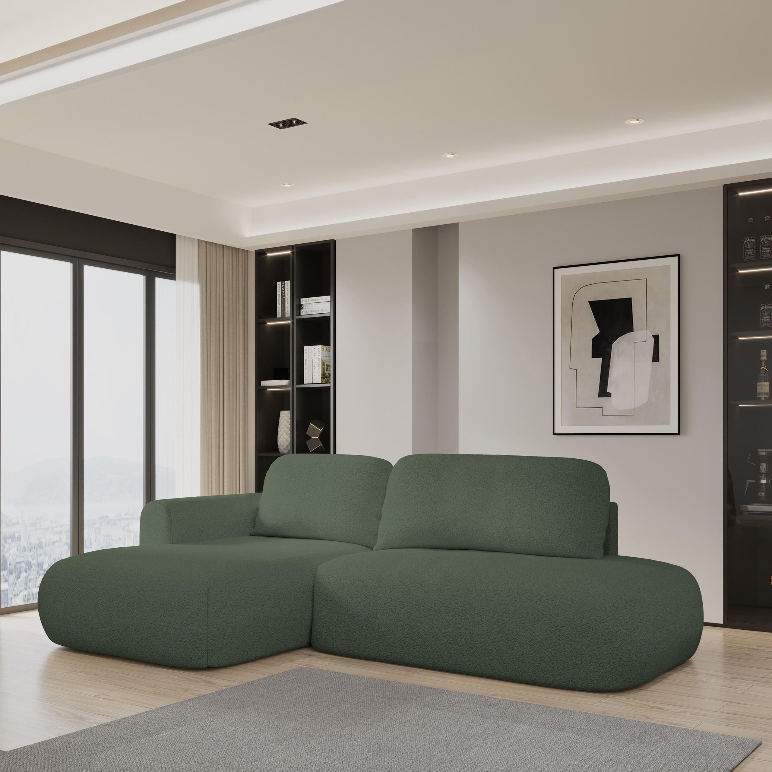 ECKSOFA NUVIRA L-S Grün Boucle-Stoff mit Schlaffunktion - Grün, Holz (274/165cm) - MASSENO