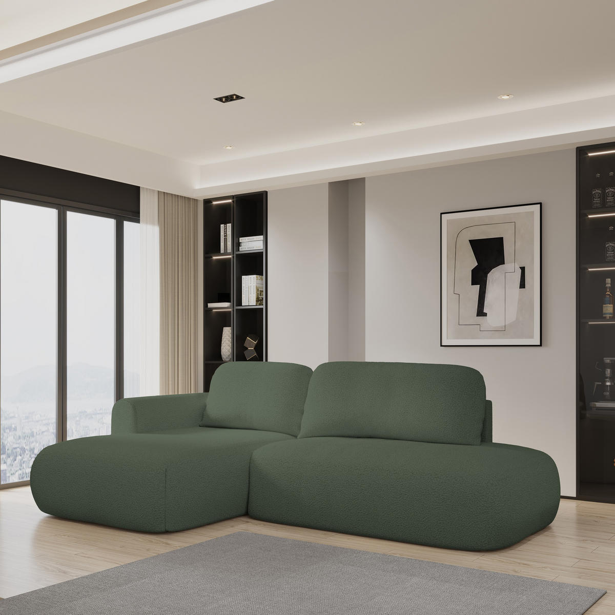 ECKSOFA NUVIRA L-S Grün Boucle-Stoff mit Schlaffunktion - Grün, Holz (274/165cm) - MASSENO