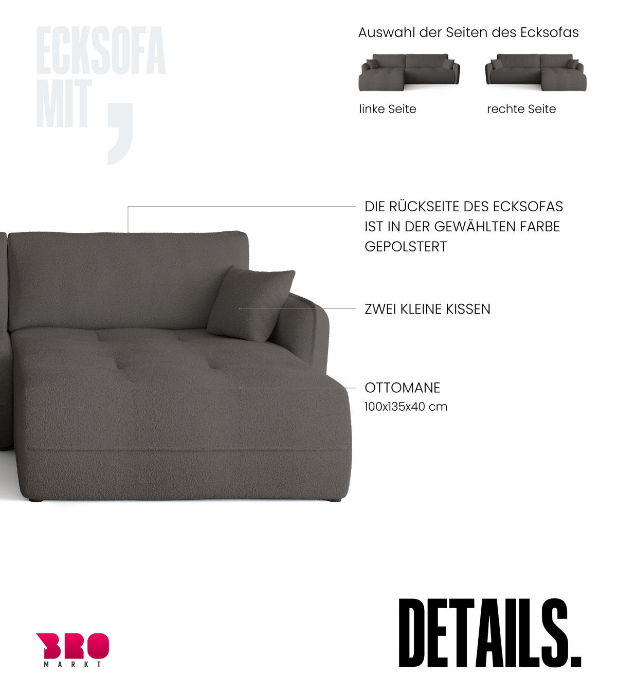 ECKSOFA CLAUDIO mit Schlaffunktion Dunkelgrau - Dunkelgrau, Textil (263/150cm) - Bromarkt