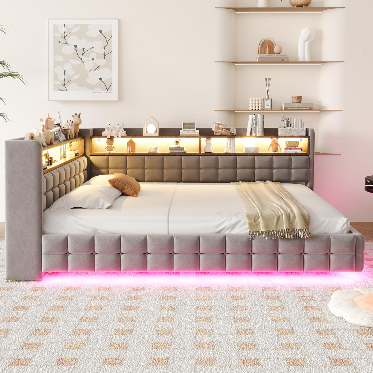POLSTERBETT Hellgrau 140×200cm mit hydraulischem Stauraum, Holzregal, LED-Lichtleiste und Ladeanschlüssen - Hellgrau, Textil (140/200cm) - Luhomfu
