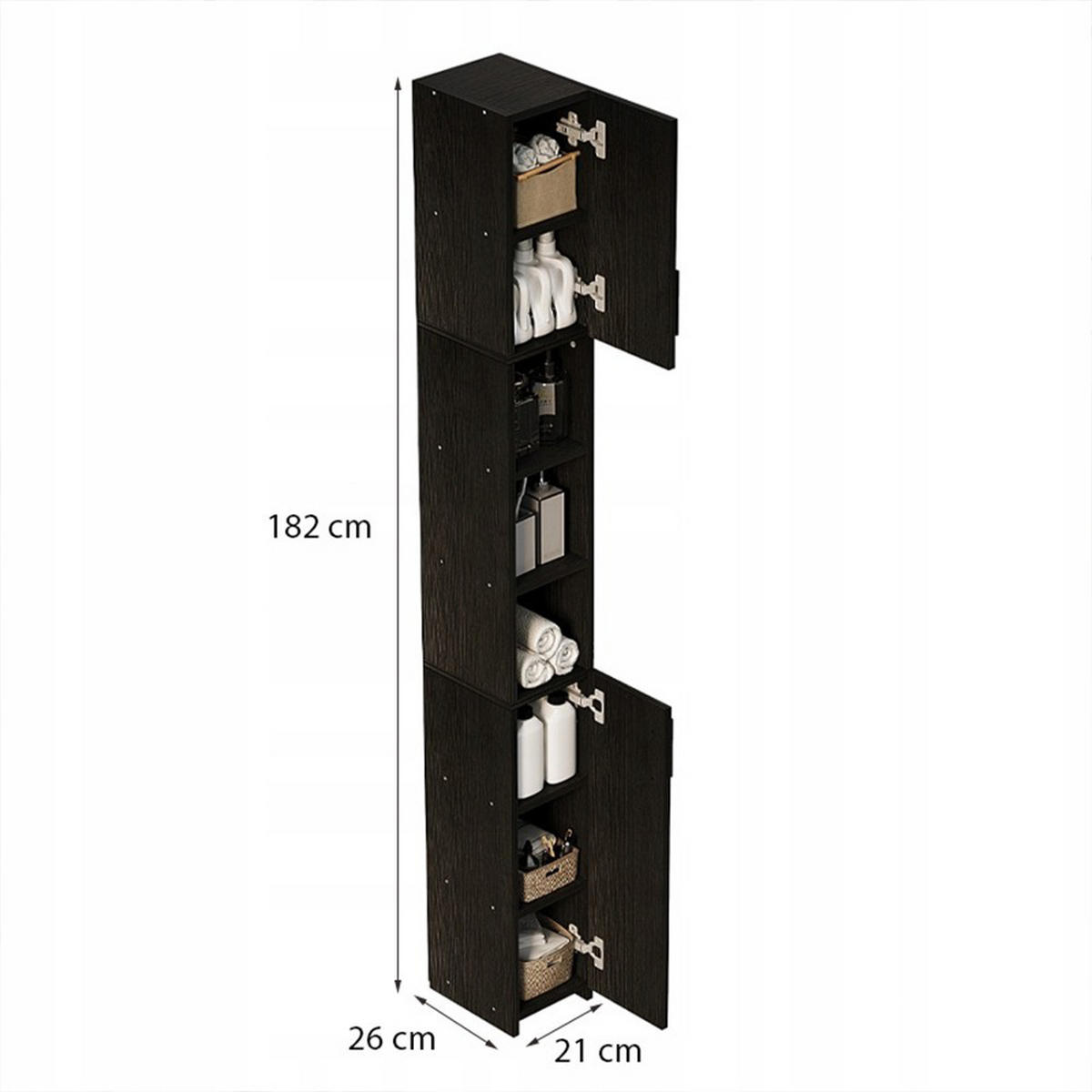 BADEZIMMERSCHRANK, schwarz 21/26/182 cm - Schwarz, Holzwerkstoff (21/182/26cm)