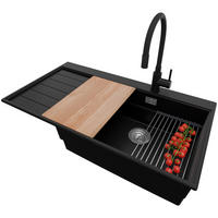 GRANITSPÜLE Sydney, 2-er set Schwarz 90/50 cm 1 Becken + Küchenarmatur 40/38 cm + Ablauf-Set + Küchenzubehörset ab 60er Unterschrank - Chromfarben/Beige, Kunststoff (90/20/50cm) - Primagran