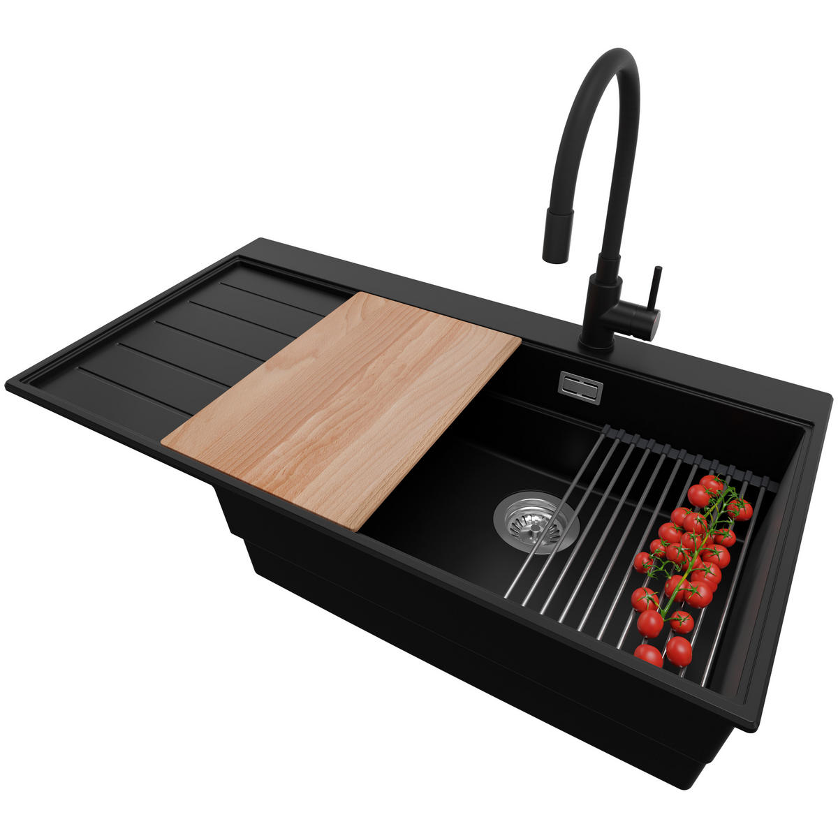 GRANITSPÜLE Sydney, 2-er set Schwarz 90/50 cm 1 Becken + Küchenarmatur 40/38 cm + Ablauf-Set + Küchenzubehörset ab 60er Unterschrank - Chromfarben/Beige, Kunststoff (90/20/50cm) - Primagran