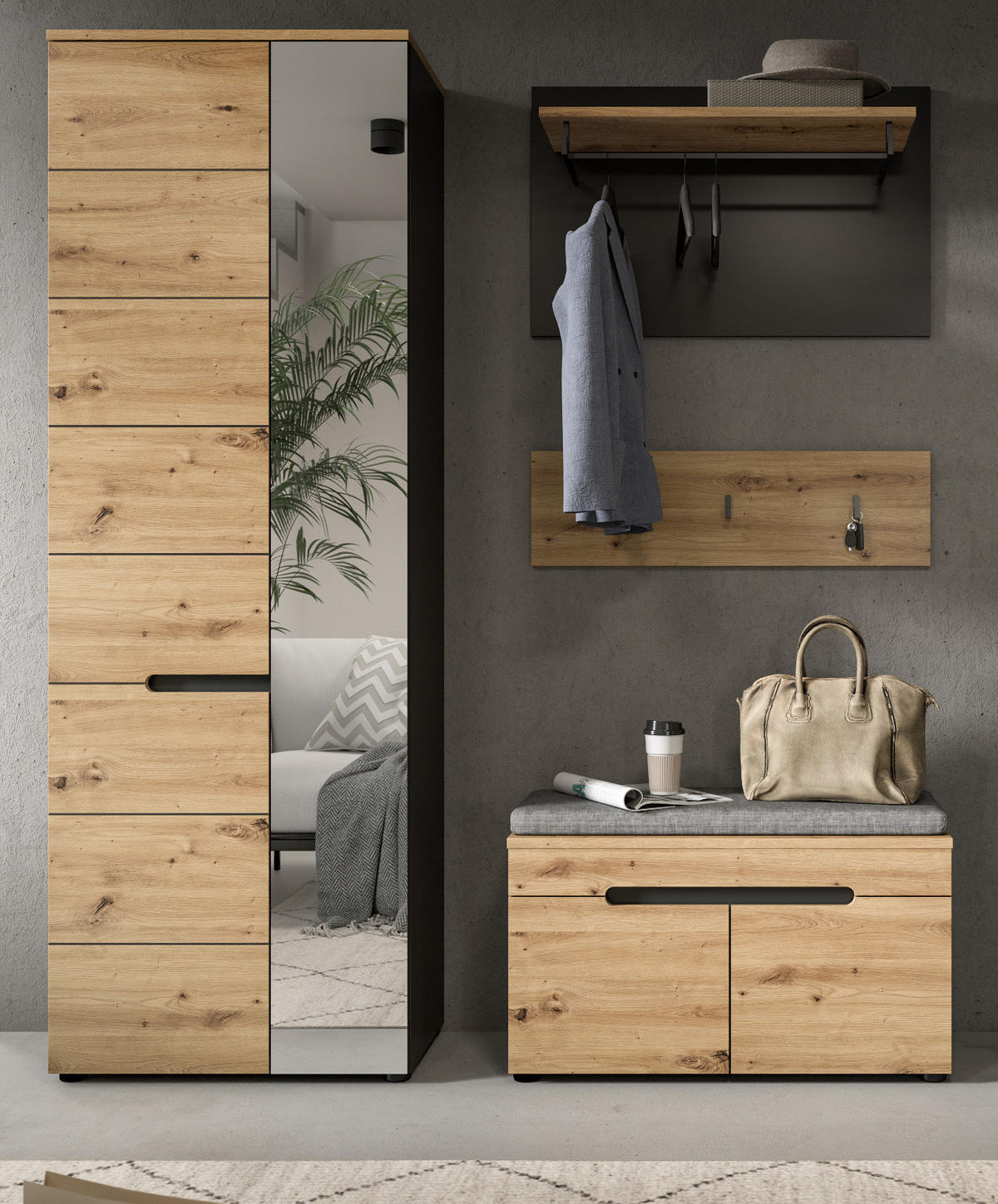 GARDEROBE Set 4-teilig Eiche Artisan und grau 160 cm, mit Soft-Close - Schwarz/Eiche Artisan, Glas/Holzwerkstoff (160/190/37cm) - Inn.Furn