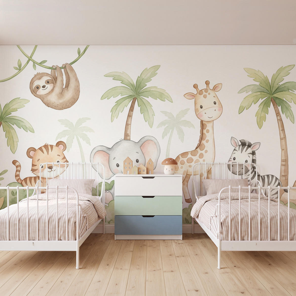 KINDERTAPETE - Tiere - Dschungel - Pastell - 450x260 cm - Weiß, Papier (450/260cm) - OnlyWow