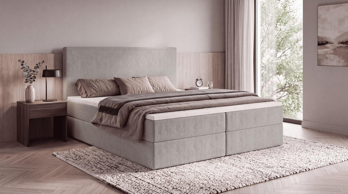 BOXBETT SENTO 140x200 cm mit Bettkasten, Bonell-Matratze H3 und Topper – Bouclé Hellgrau - Hellgrau, Textil (140/200cm) - Luxkor24