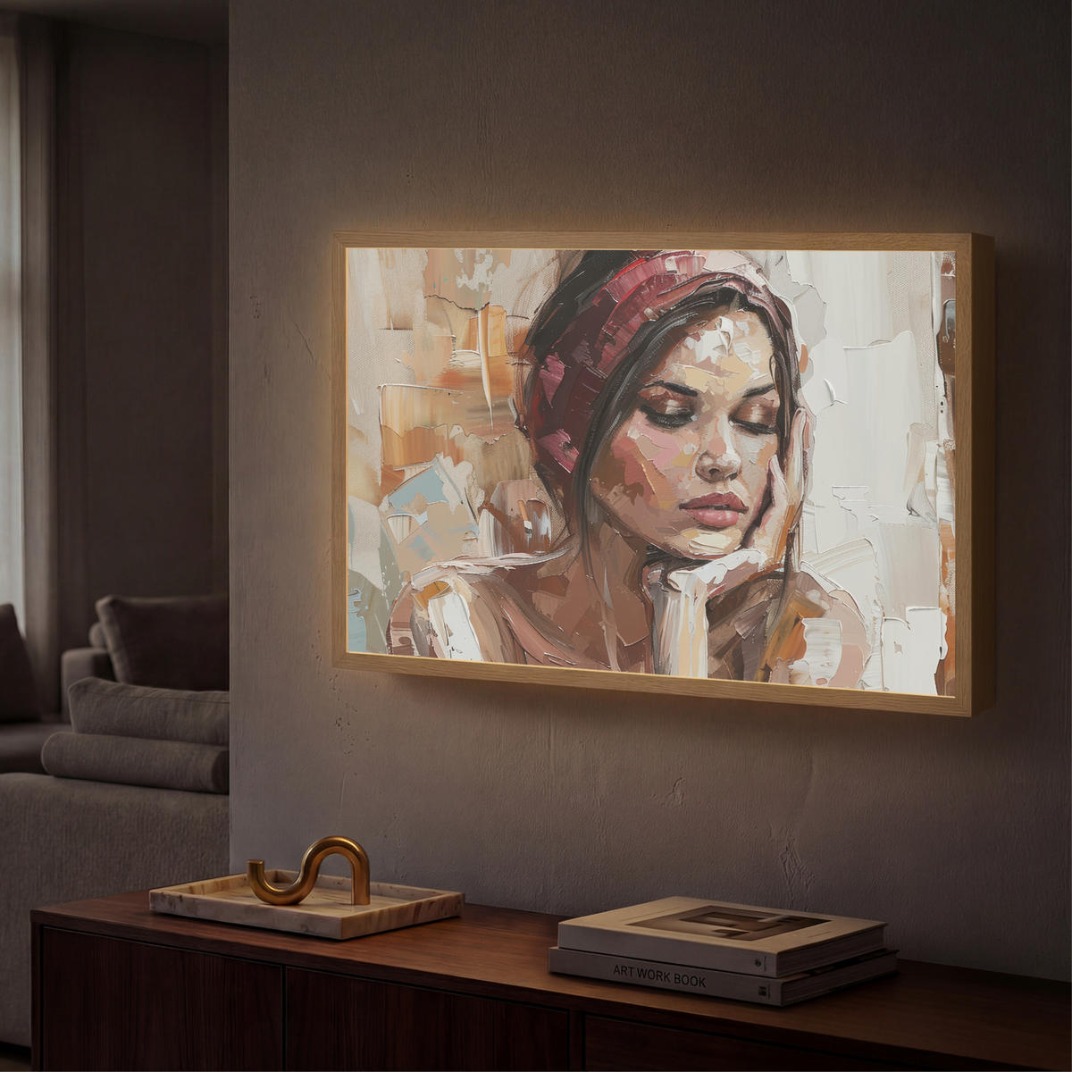 NÁSTĚNNÁ LAMPA S AKUMULÁTOREM Žena - vzhled malby - portrét - moderní 60x40 cm - hnědá, kompozitní dřevo (60/40/8cm) - OnlyWow