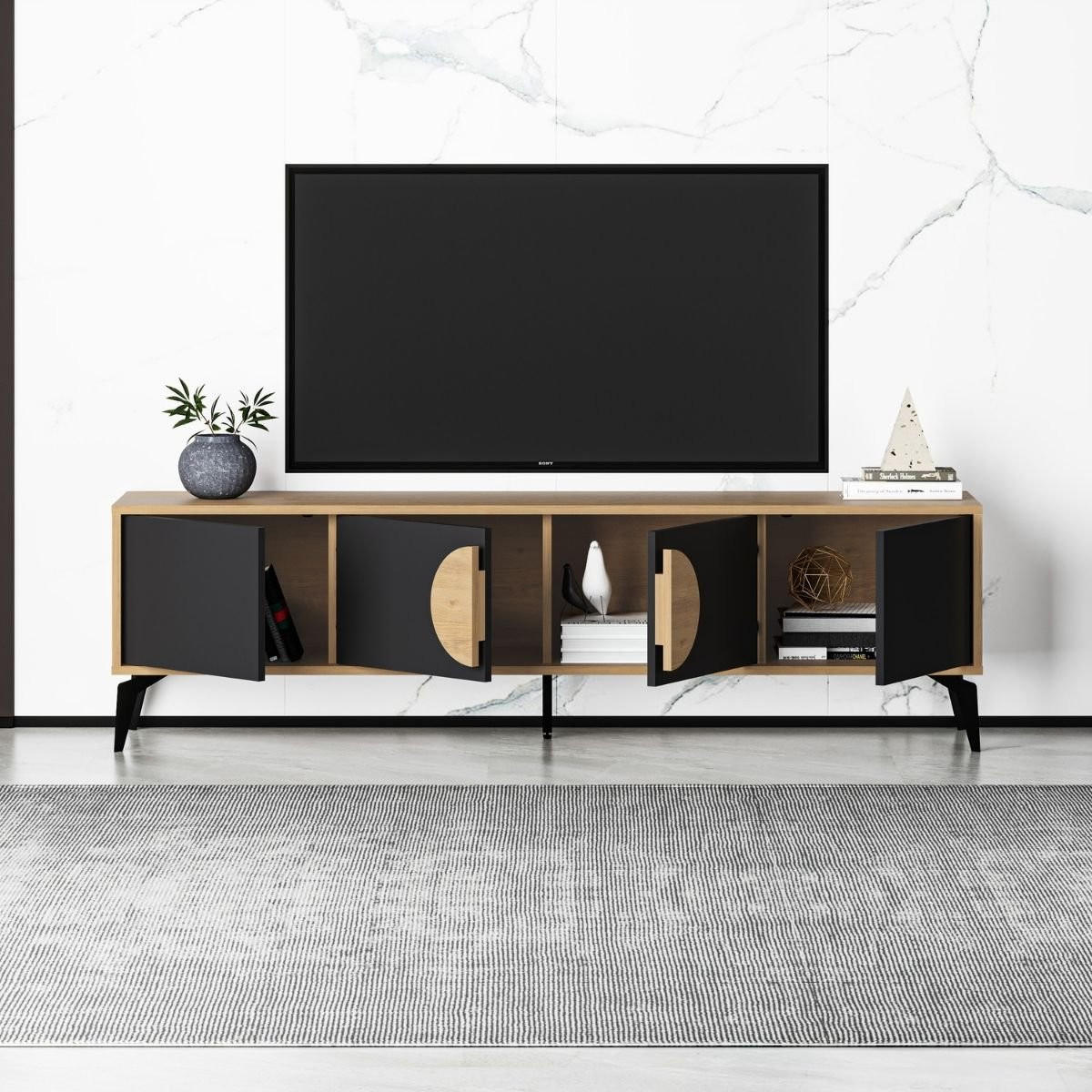 TV-MÖBEL 4 Türen Vae - L180 cm - Eiche Artisan/Grau, Holzwerkstoff (35/51/180cm) - Calicosy