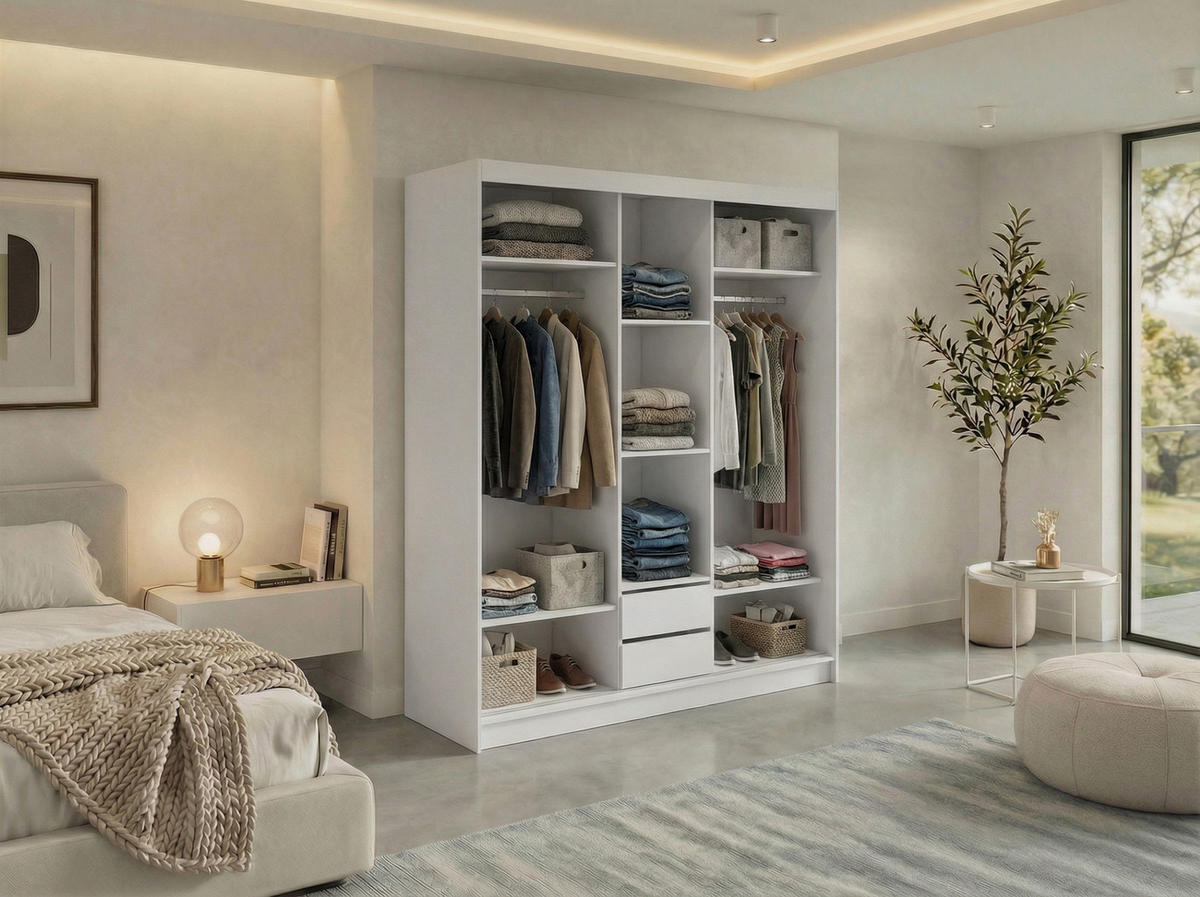 SCHWEBETÜRENSCHRANK mit Schubladen 180 - VERONA - Weiß mit Spiegel - Alufarben/Weiß, Holzwerkstoff/Metall (180/216/61cm) - MKS