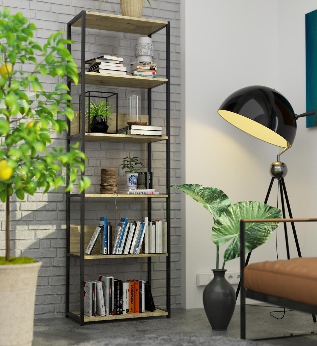 LOFT-REGAL Schwarz, Eiche Artisan 60x192x32 cm - Schwarz/Eiche Artisan, Holzwerkstoff/Metall (60/192/32cm) - Akord