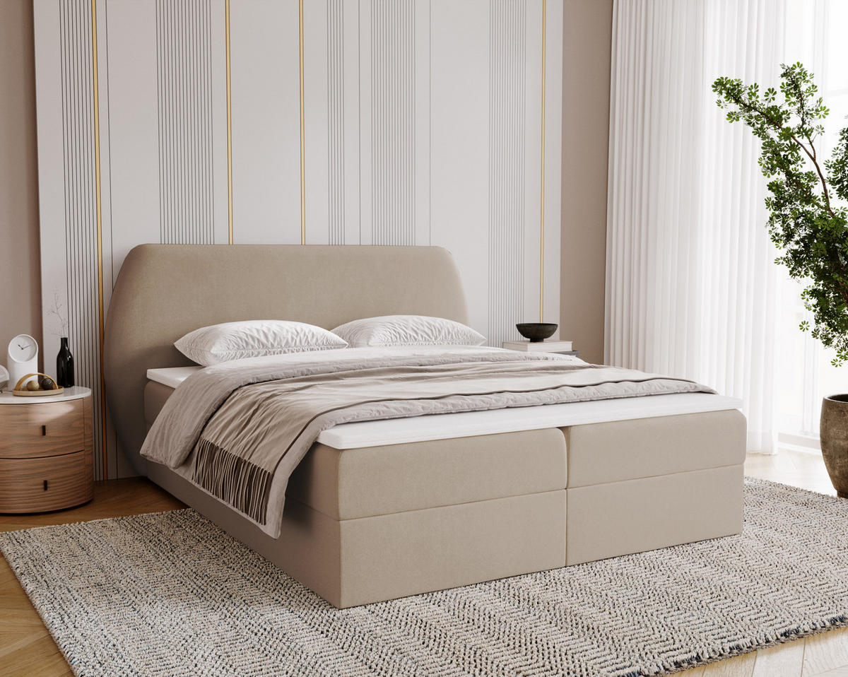 BOXBETT Bloom mit abgerundetem Kopfteil, Stoff Komodo Dunkelbeige 180x200 cm - Cappuccino, Holz (180/200cm) - Kaiser Möbel