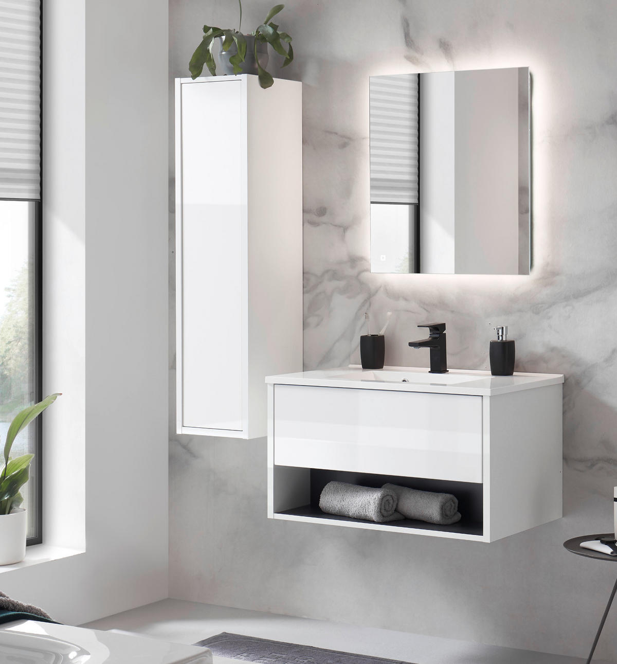 BADMÖBEL-SET weiß Hochglanz, grau, Badezimmer Schränke mit Waschbecken, LED Beleuchtung 120 cm - Weiß Hochglanz/Grau, Glas/Holzwerkstoff (120/190/47cm) - Furn.Design