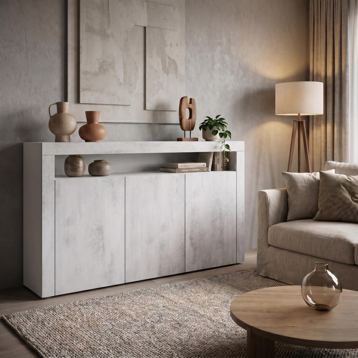 SIDEBOARD Valencia Beton Oxid Optik/ Beton Oxid Optik - Hellgrau, Holzwerkstoff (155/92/40cm) - Vladon