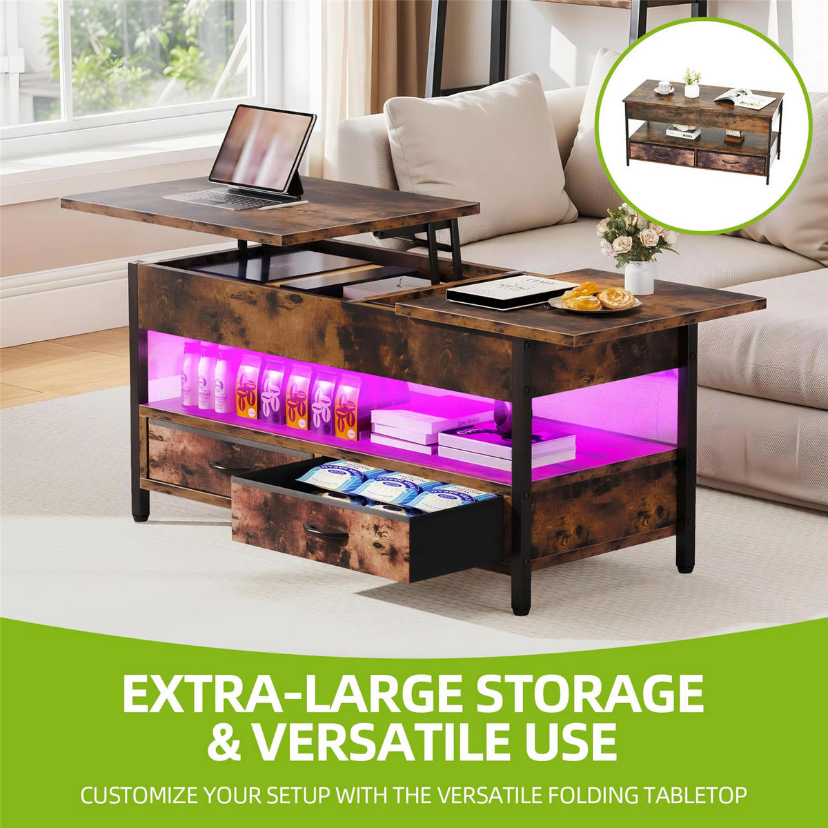 COUCHTISCH Lift-Top Holz LED RGB 2 Schubladen - Braun, Holz (106/50/51.5cm) - Kaket