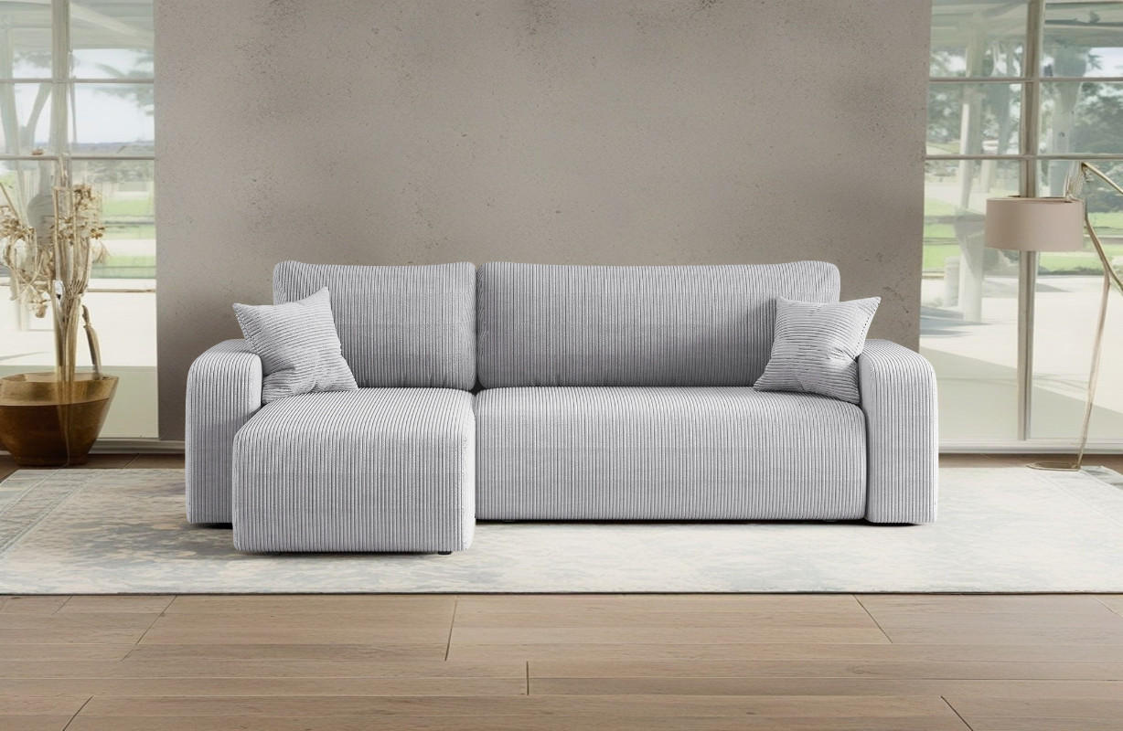 ECKSOFA L-FORM Schlaffunktion Und Bettkasten Eckcouch MILANO L Stoff Dicker Cord Grau Links - Grau, Holz/Textil (142/244cm) - Kaiser Möbel