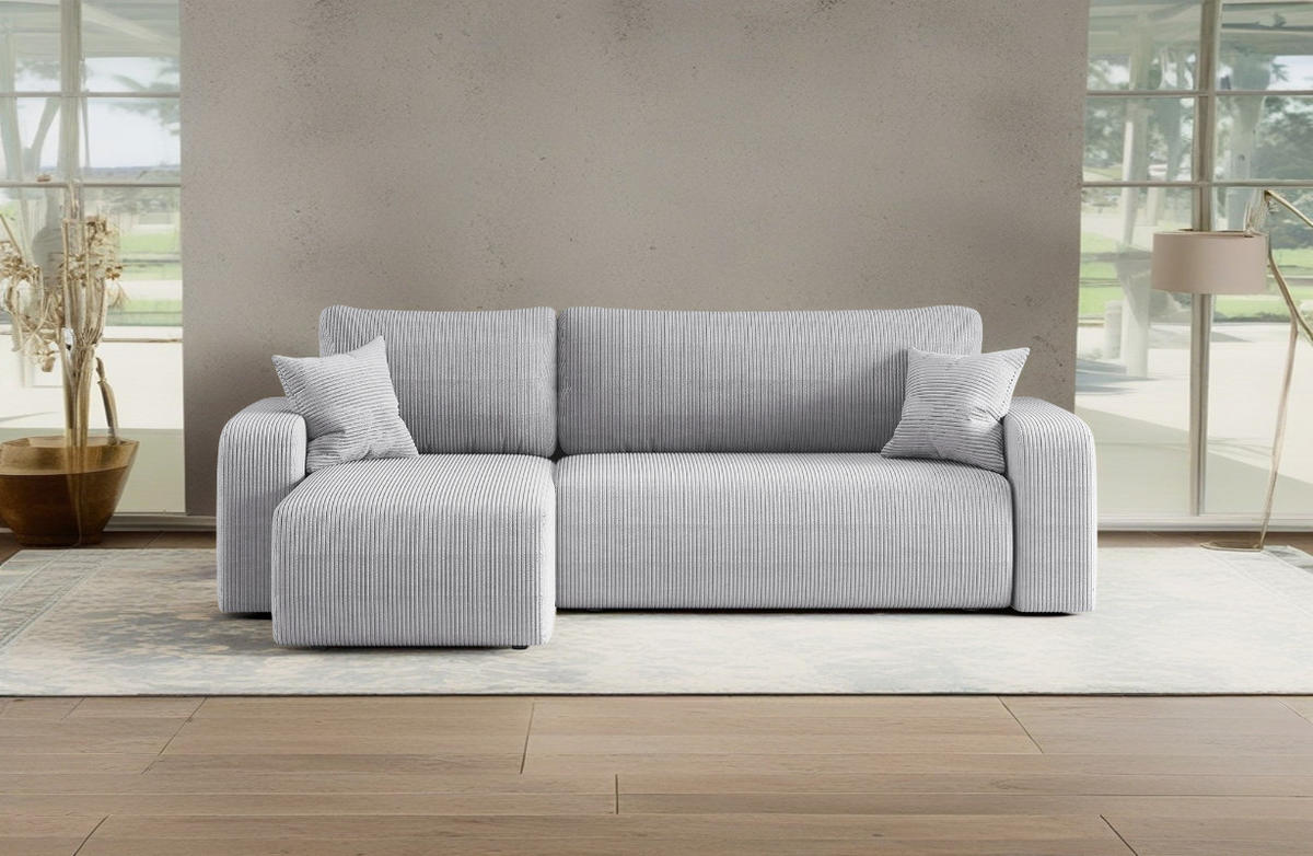 ECKSOFA L-FORM Schlaffunktion Und Bettkasten Eckcouch MILANO L Stoff Dicker Cord Grau Links - Grau, Holz/Textil (142/244cm) - Kaiser Möbel