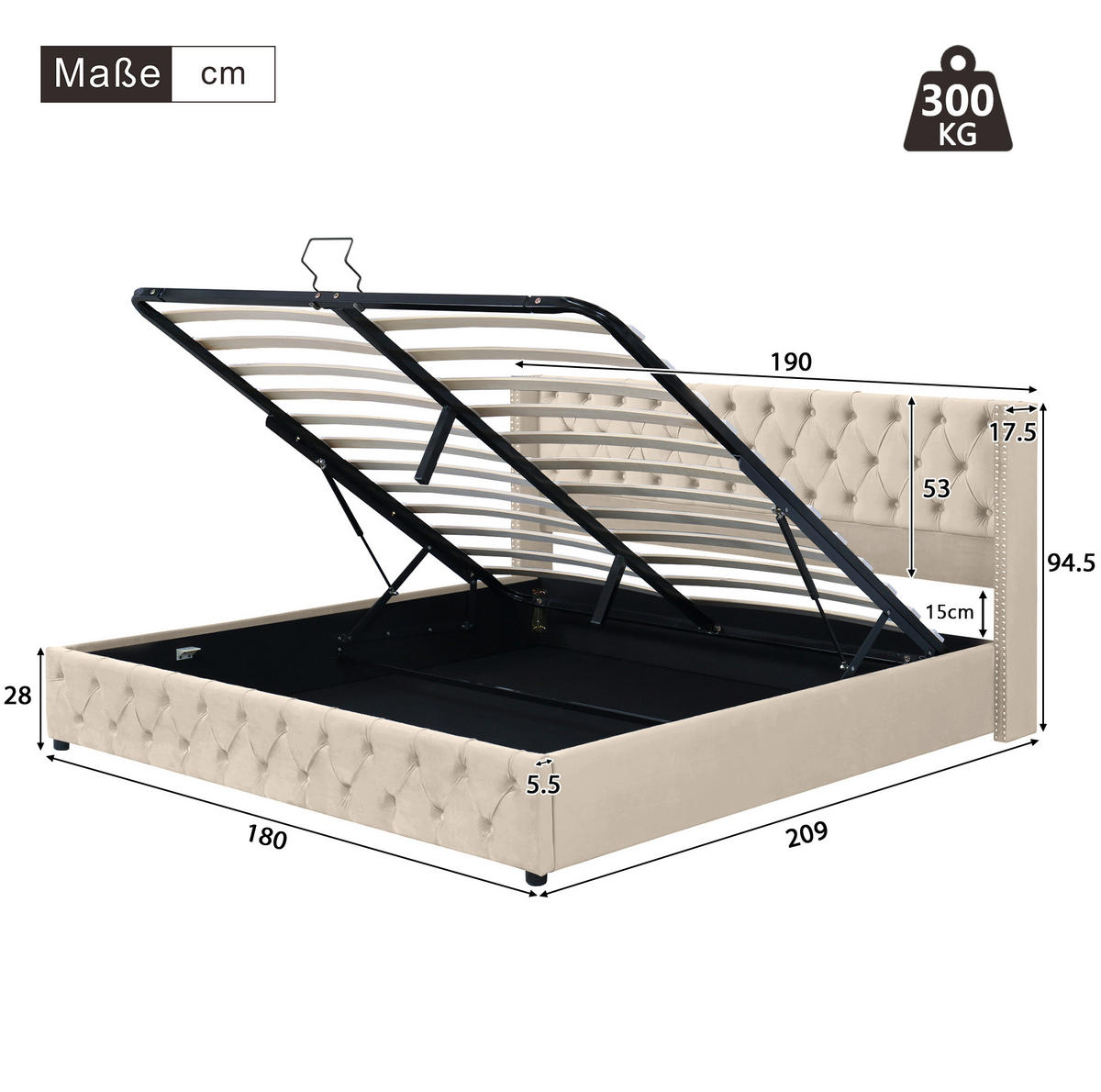 POLSTERBETT 180/200 cm mit hydraulischem Bettkasten, Chesterfield-Design und Samtbezug, Beige - Beige, Textil (180/200cm) - Redom