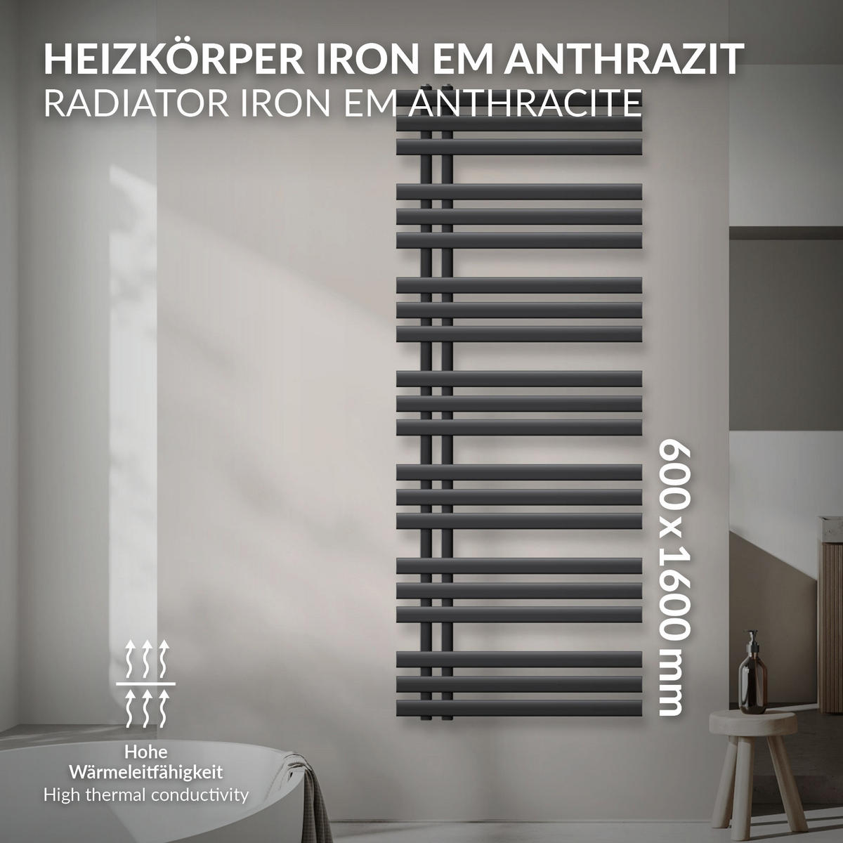 KOUPELNOVÝ radiátor Iron EM 600x1600 antracit - antracitová, kov (60/160/3cm) - LuxeBath
