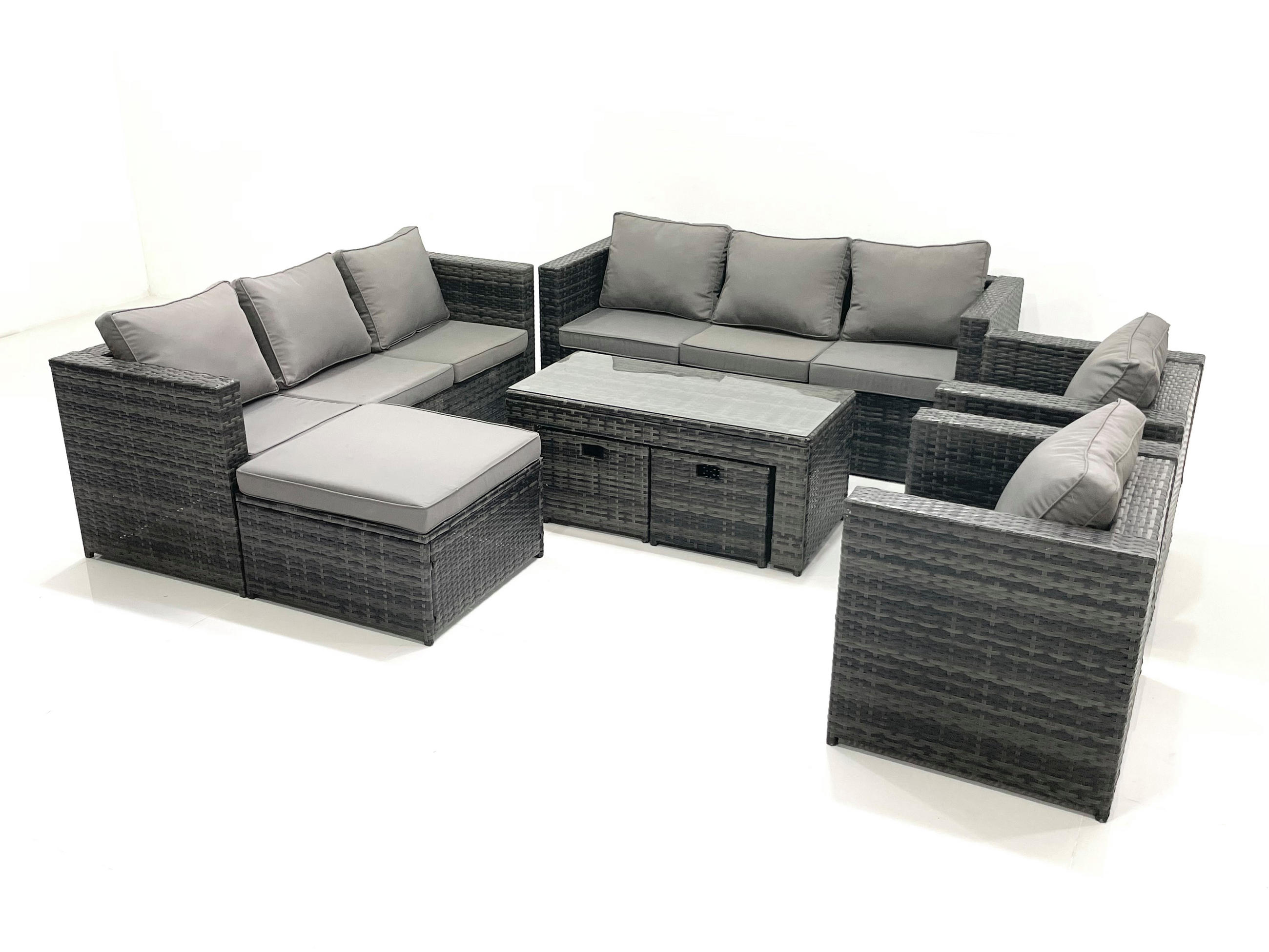 GARTENMÖBEL COUCHTISCH SET mit Sofa Polyrattan Outdoor 11-Sitzer - Dunkelgrau/Grau, Glas/Kunststoff - Fimous
